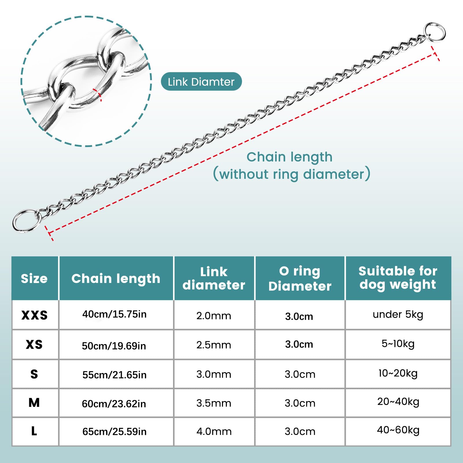 PETTOM Obroża choker dla psa ze stali nierdzewnej, łańcuszek do ssania dla psa, mocny, bez ciągnięcia, do treningu na świeżym powietrzu, rozmiar M: 60 cm, stal nierdzewna