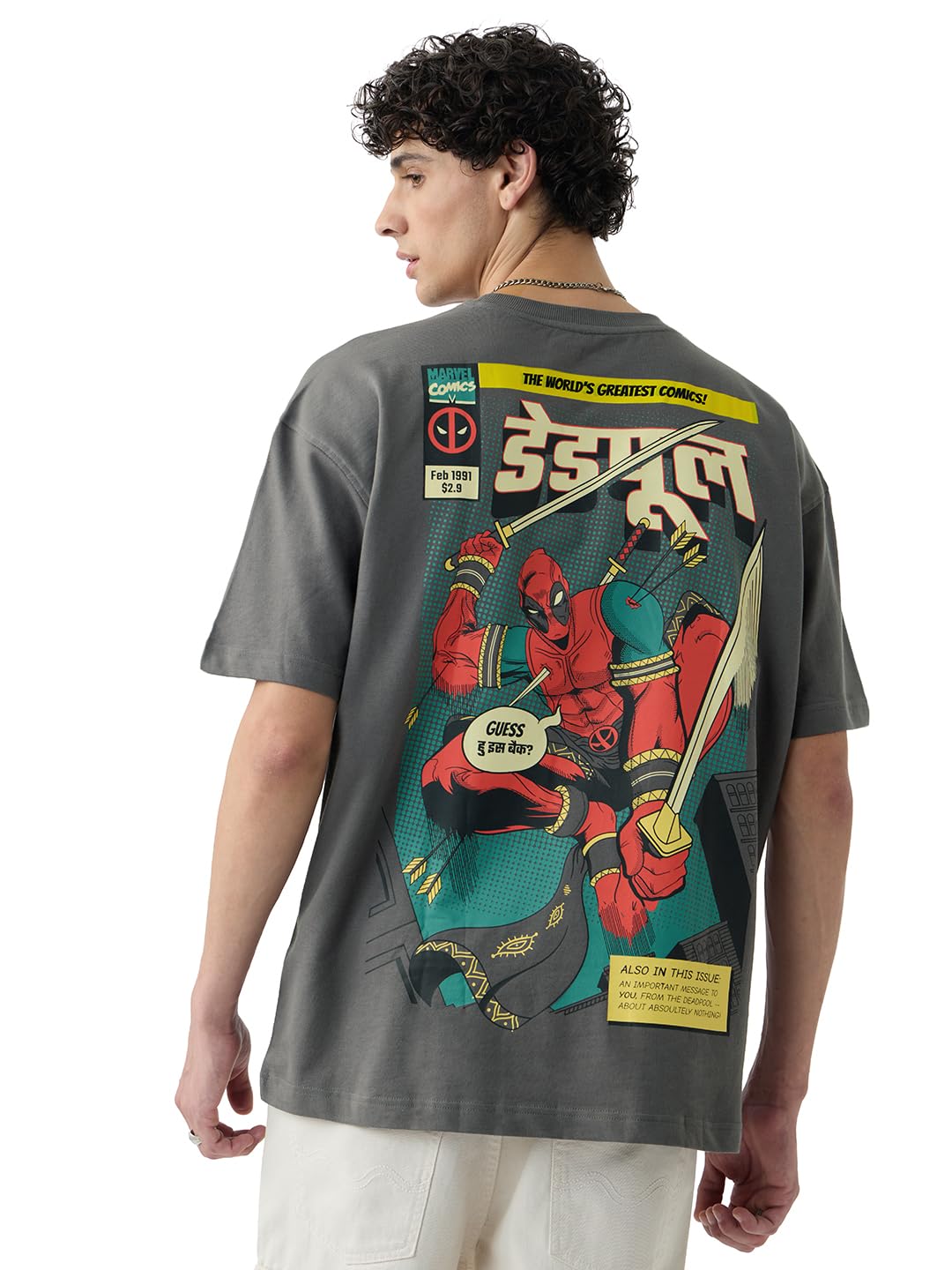 Deadpool: Desi Men and Boys Short Sleeves Round Neck Grey Graphic Printed Casual Lightweight Drop Shoulder Streetwear Trendy Oversized T-Shirt-image-9