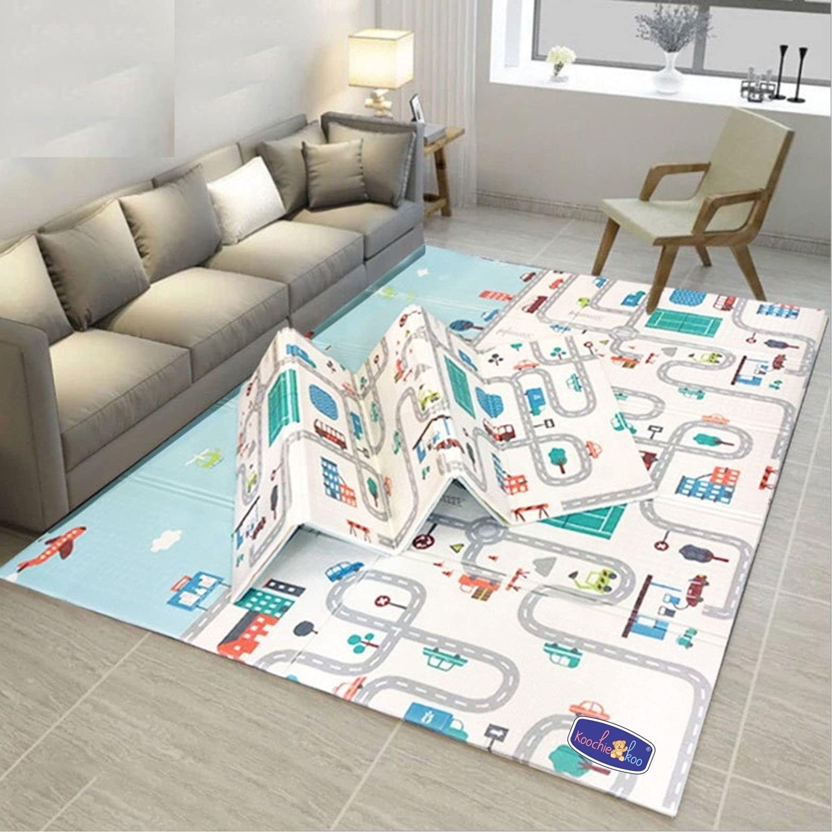 Koochie-Koo XPE BPA Free Extra Large Non Slip Reversible Road & Lane Printed Baby Play Mat 78 * 60 Inch, Cute Foldable Thick Foam New Born Babies Floor Mats for Kids Play Room, Pack of 1, Multicolor