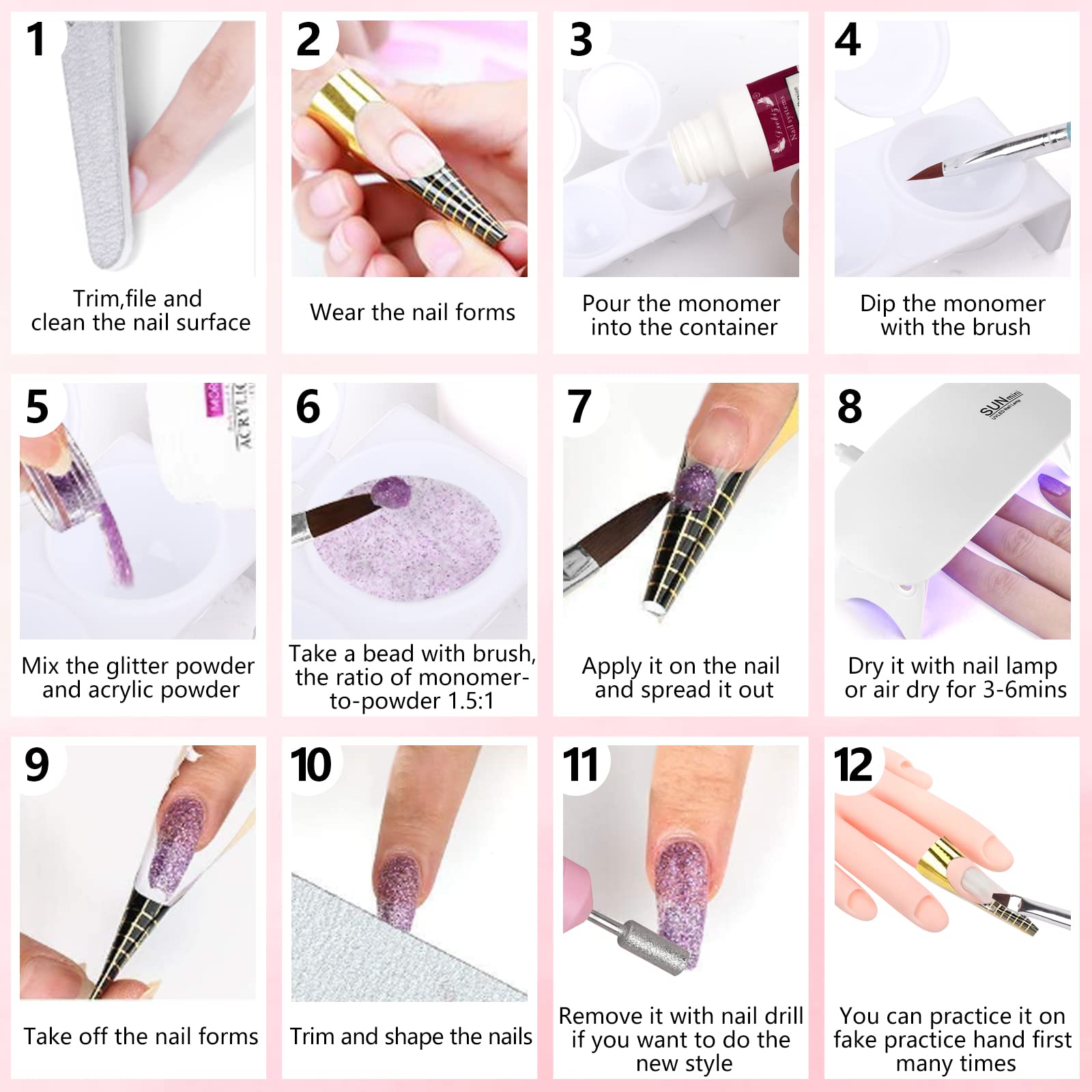 Mano de práctica de uñas para kit de uñas acrílicas, mano de maniquí de uñas postizas para practicar uñas, dedo de entrenamiento de uñas con kit de uñas acrílicas, herramientas de arte de uñas en 7