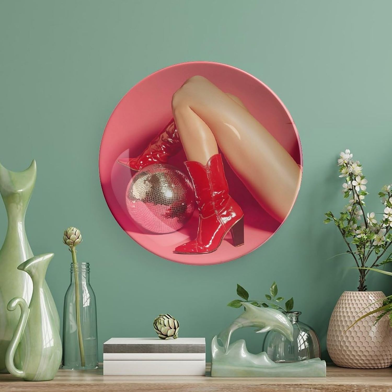 Boot Disco Ball Print Bone China Decorative Plate with Stand Home Dessert Plates Gift for Men Women 6inch