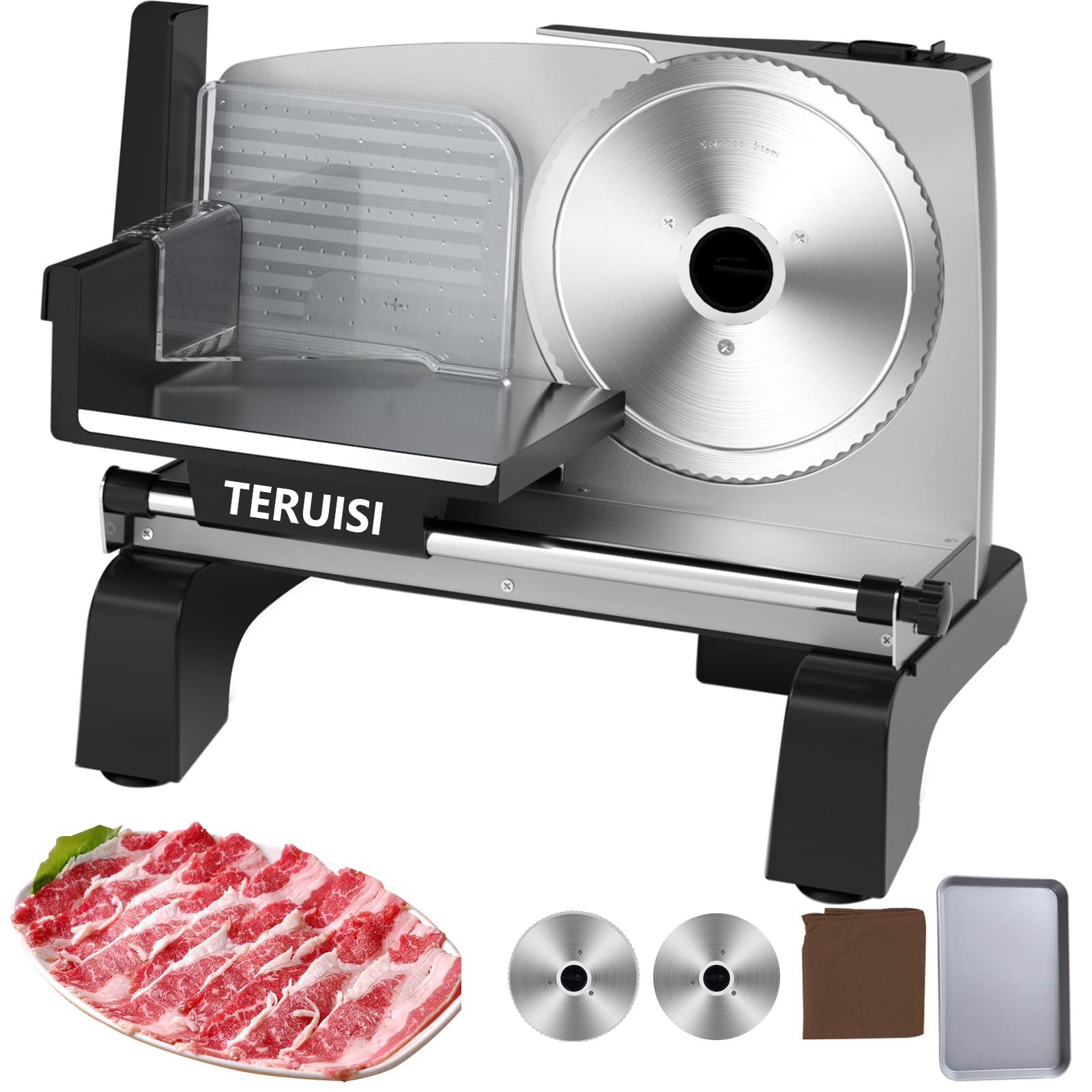 Cortadora de Carne Eléctrica 200W, Cortafiambres con 2 Cuchillas Inox 19cm, Grosor 0-18mm, Máquina Cortar Jamón, Pan, Cecina, 220V