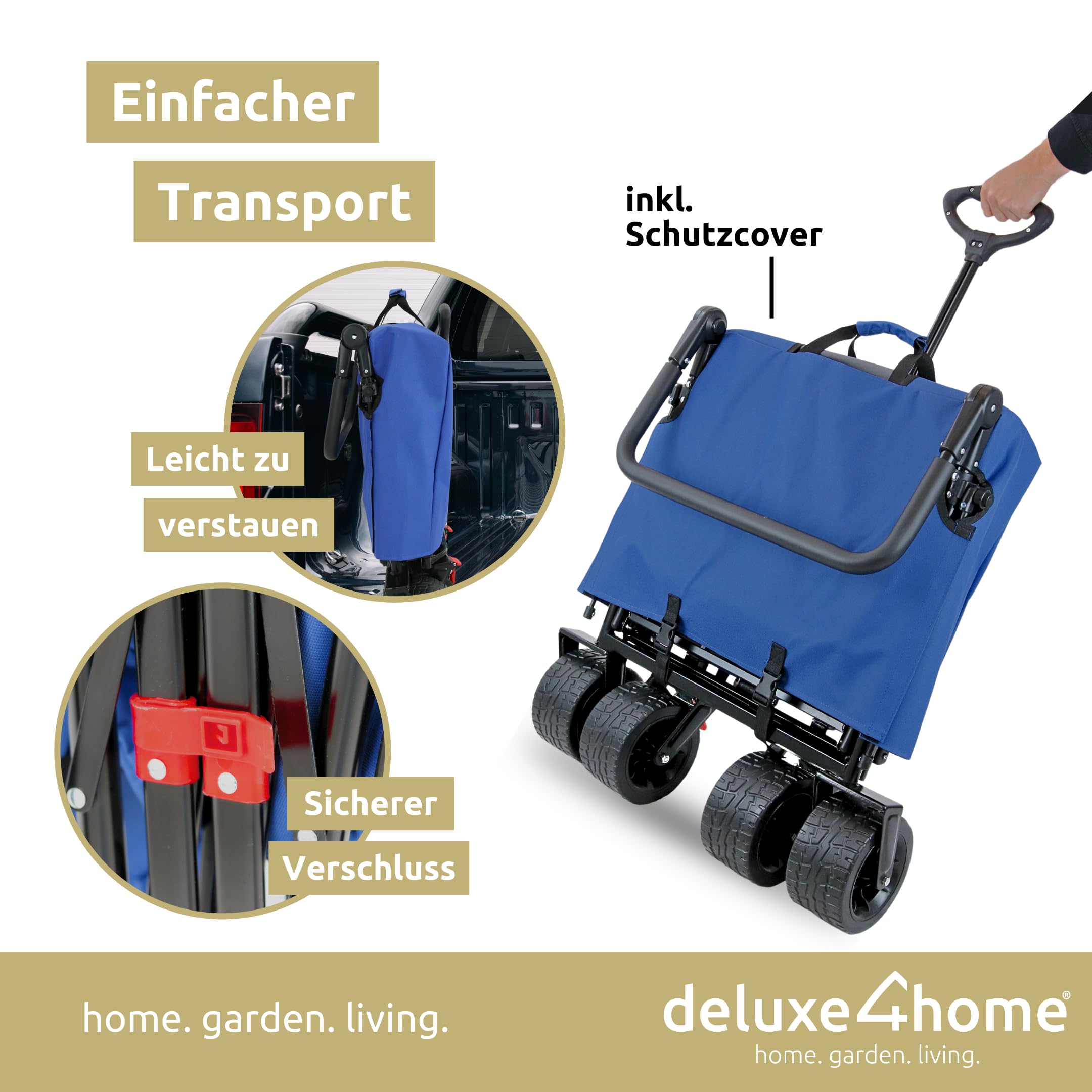 Bollerwagen Faltbar mit Dach Blau/Grau I Mit 360° Reifen & Bremsen I Handwagen Transportwagen 100L I Campingwagen Trolley bis 120kg I Drehbarer Griff
