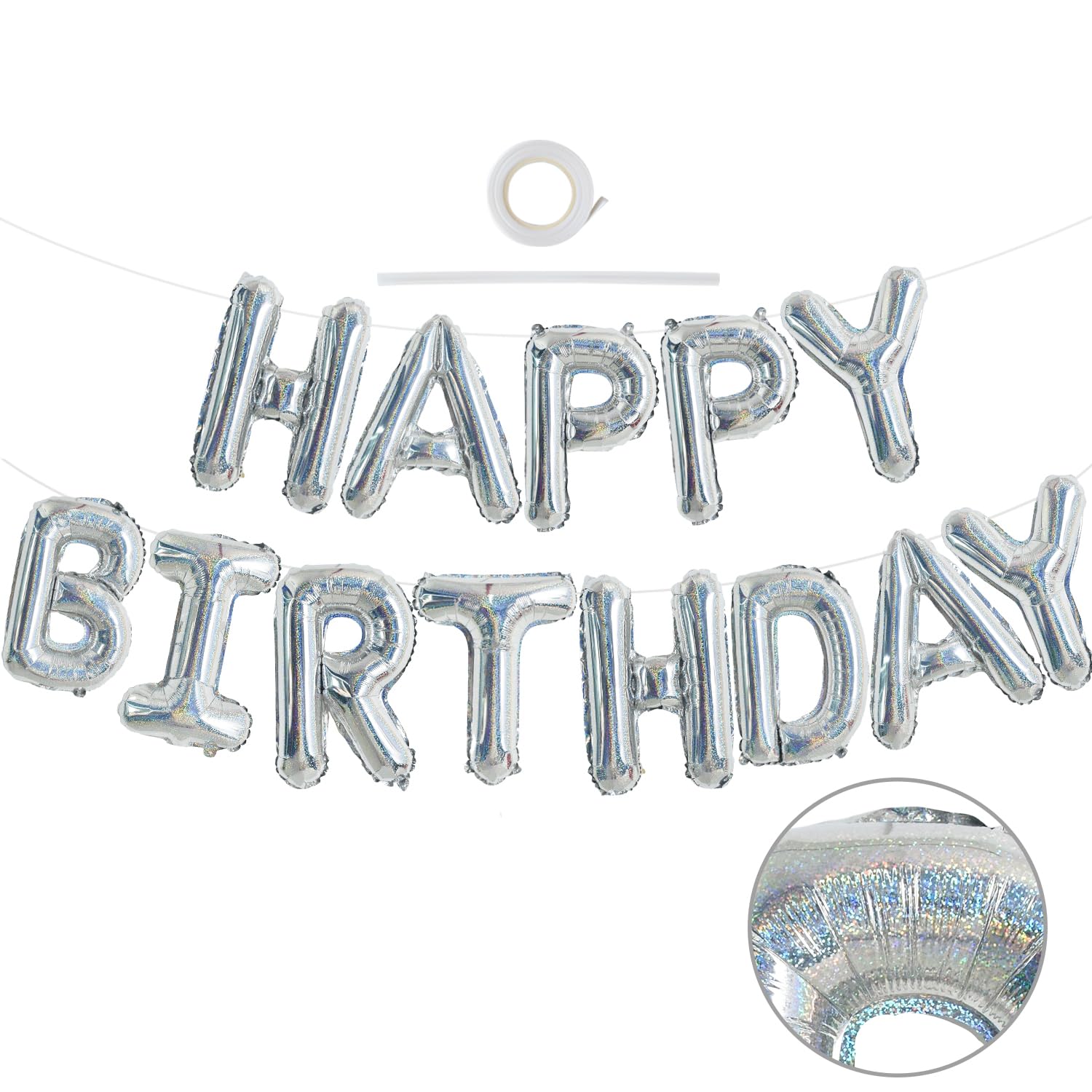 TONIFUL 16 Inch Letter Balloons Laser Silver Happy Birthday Banner 16 Inch Mylar Foil Letters Sign Bunting Reusable for Kids & Adults Birthday Decorations and Party Supplies โ image 1