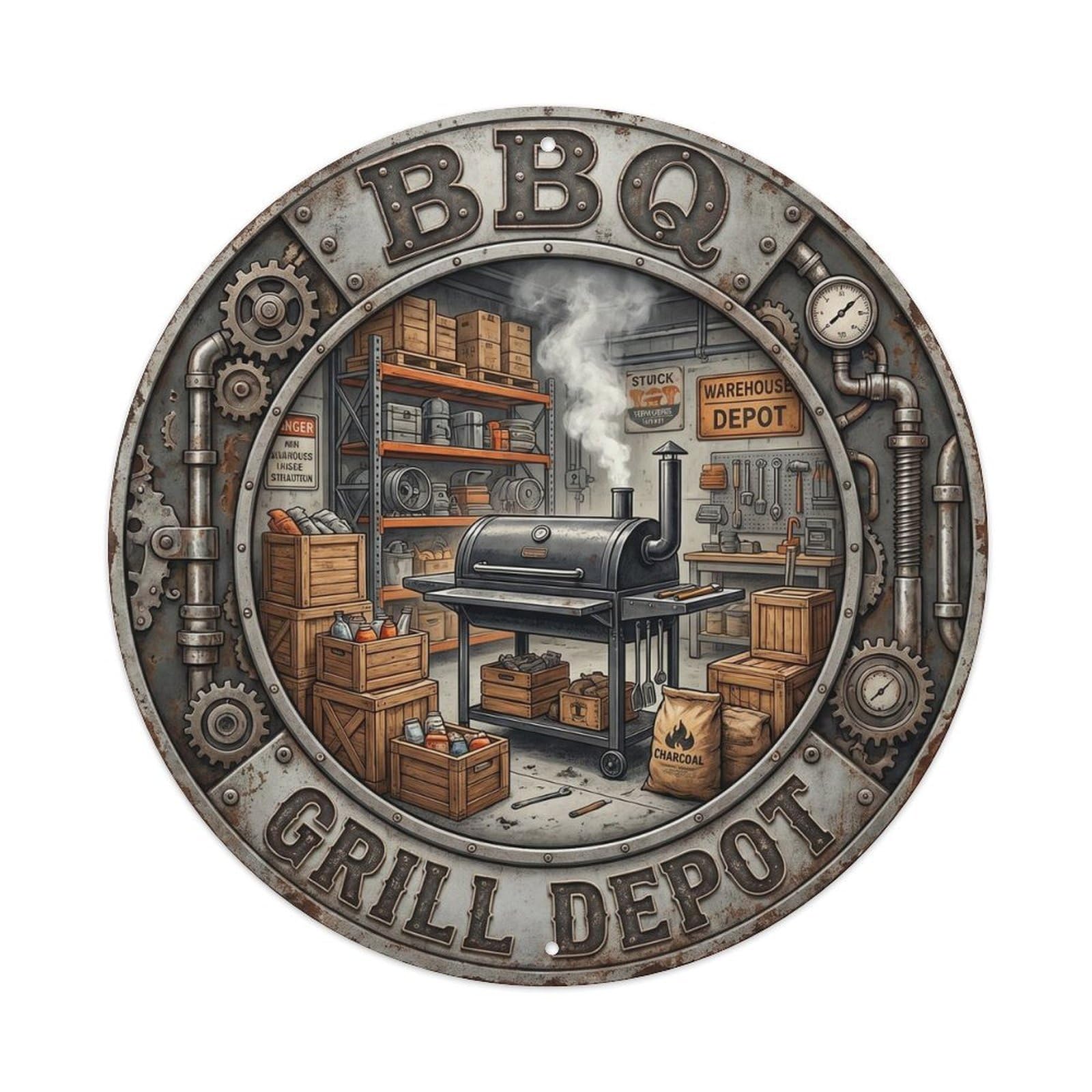 BBQ Barbecue Grill Depot Vintage Metal Tin Sign Plaque Wall Decor for Cafe, Club, Garden Round Metal Poster 8x8Inch