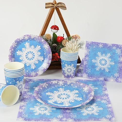 Miniatura 6 de OTTPOOM Juego de decoraciones de fiesta de cumpleaños de Frozen, sirve 25 suministros de fiesta de congelados, platos de papel de copo de nieve de