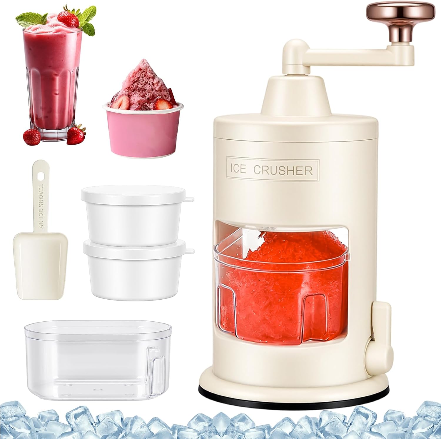 Manual Ice Shaver Hand Crank Ice Crusher - Dual Base (Vacuum Suction & Non-Slip Ring), Food Grade Snow Cone Maker (Anti-slip rubber ring)