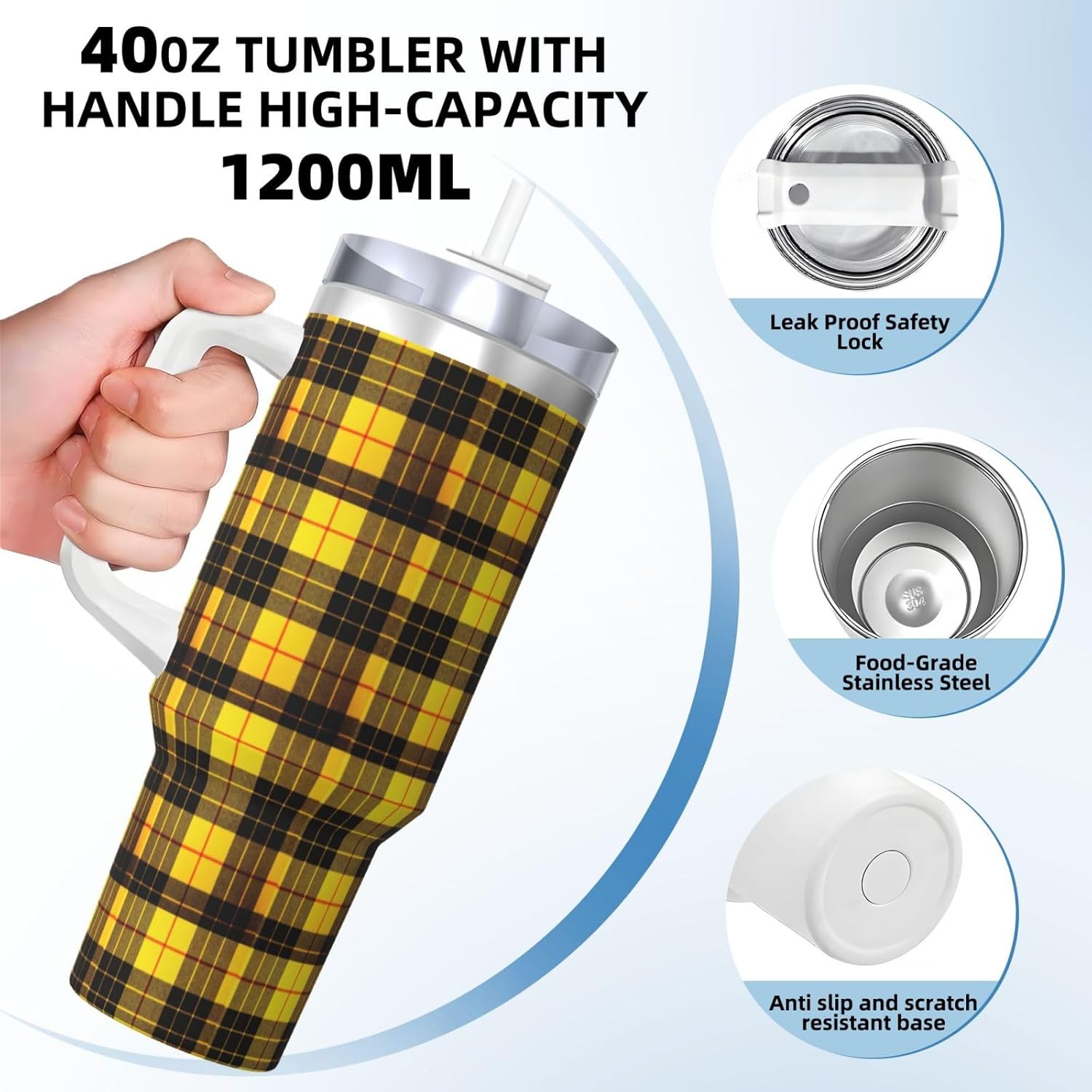 40 OZ Yellow Gray Black Plaid Print Ice Bully Cup with Handle Straw Lid Straw,Stainless Steel Tumbler Coffee Cup