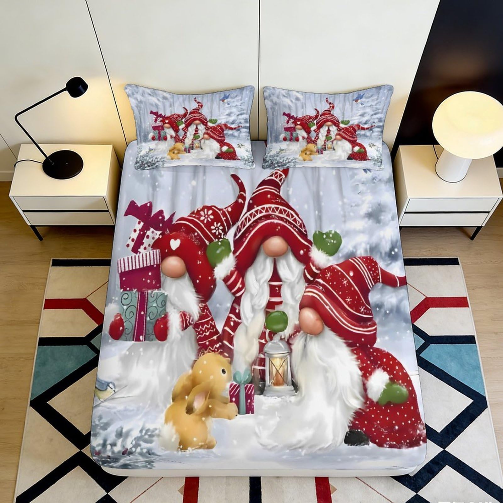 Dhbaneiok Style-7 3D Printed Christmas Gnome Fitted Sheet Microfiber Soft Nordic Reindeer Bed Cover Winter Bedroom Protection Decor 90X200x25cm