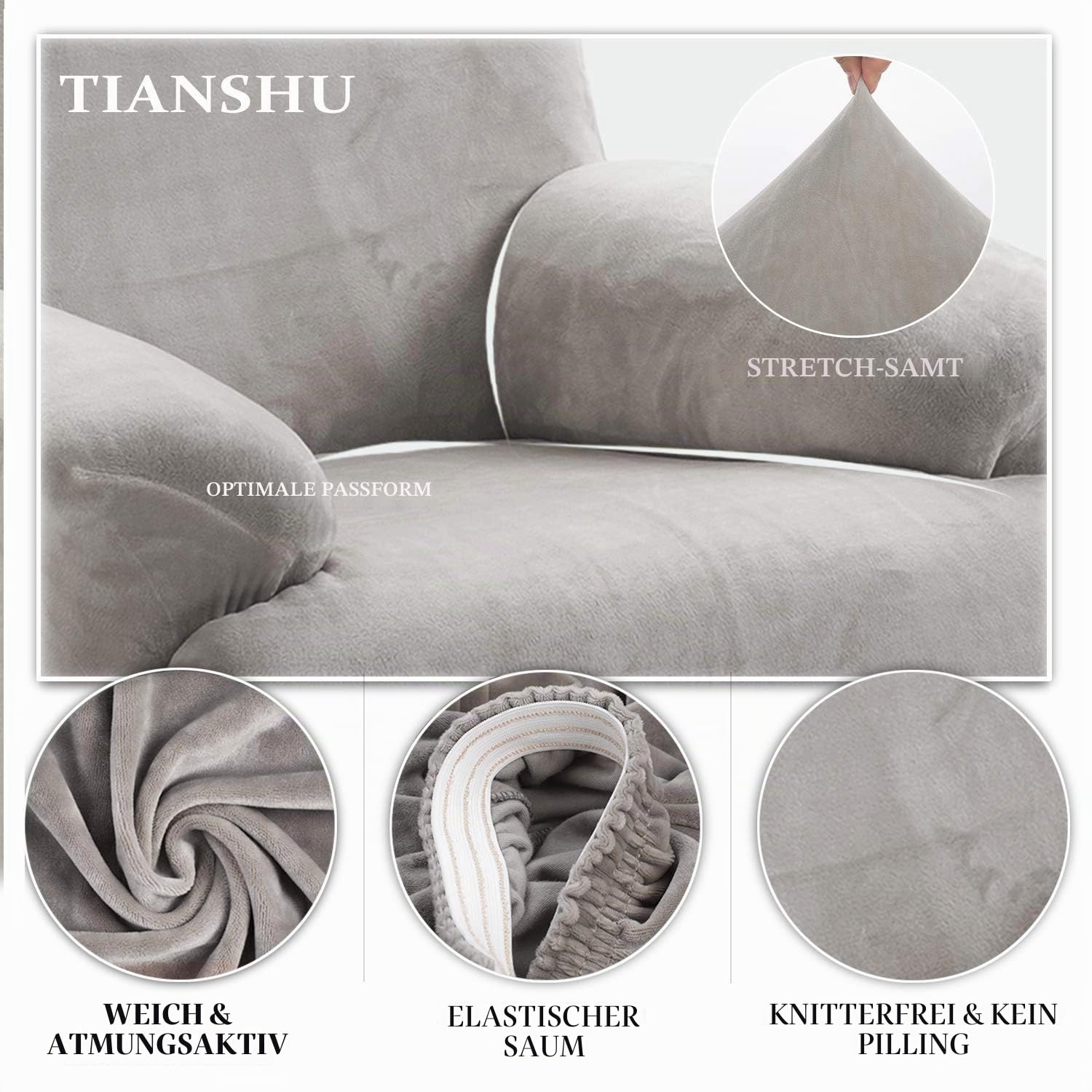 TIANSHU Samt Ruhesessel bezüge, Stretch Sesselschoner Elastisch Plush Couchbezug stilvolle Luxus-Möbelbezüge Anti-Rutsch-High Stretch Relaxsessel bezüge(Ruhesessel,Hellgrau)