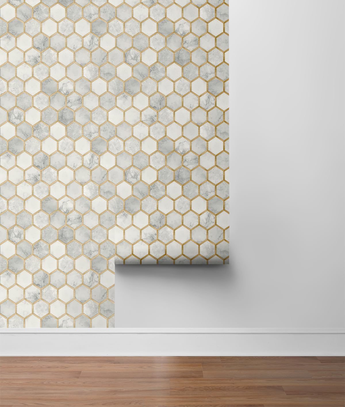 NextWall Faux Hex Tile Prepasted Wallpaper (Alaska Grey & Metallic Gold)