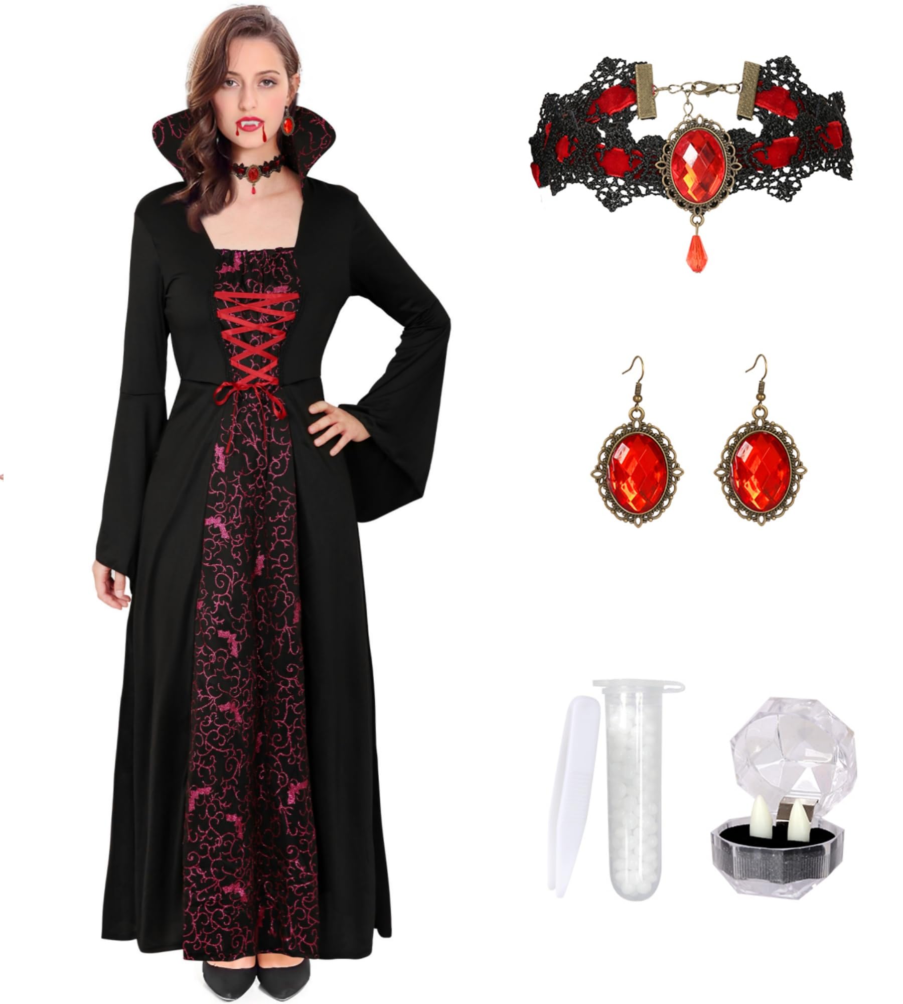 Vampire Costume for Women Set Royal Adult Halloween Costume Dress with Vampire Teeth Fangs Necklace Earrings