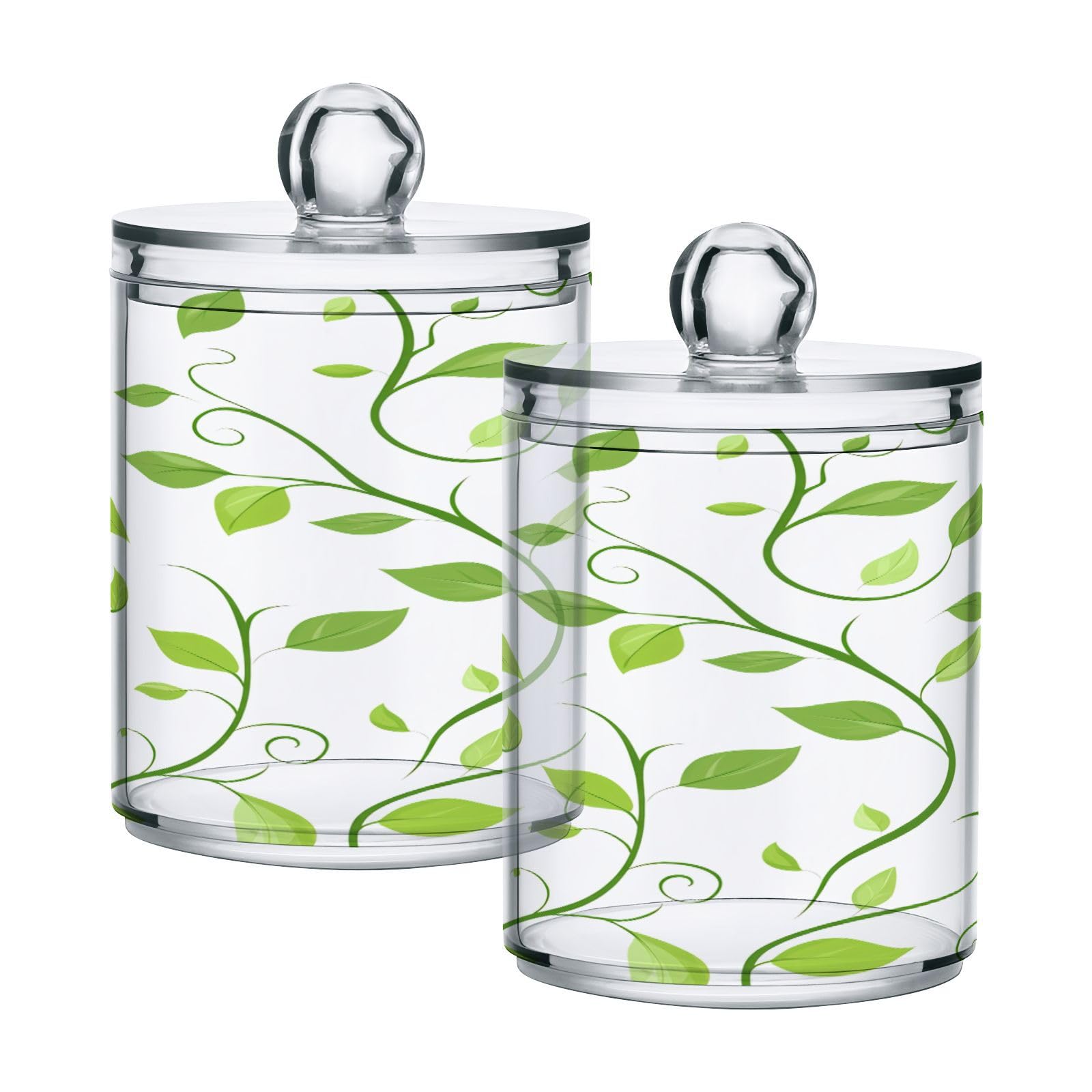 Ewusp Green Leaves Qtip Holder 2 PCS Clear Plastic Apothecary Jars with Lid Cotton Pad Holder Dispenser Cotton Bud Holder Bathroom Storage Container Makeup Organizer