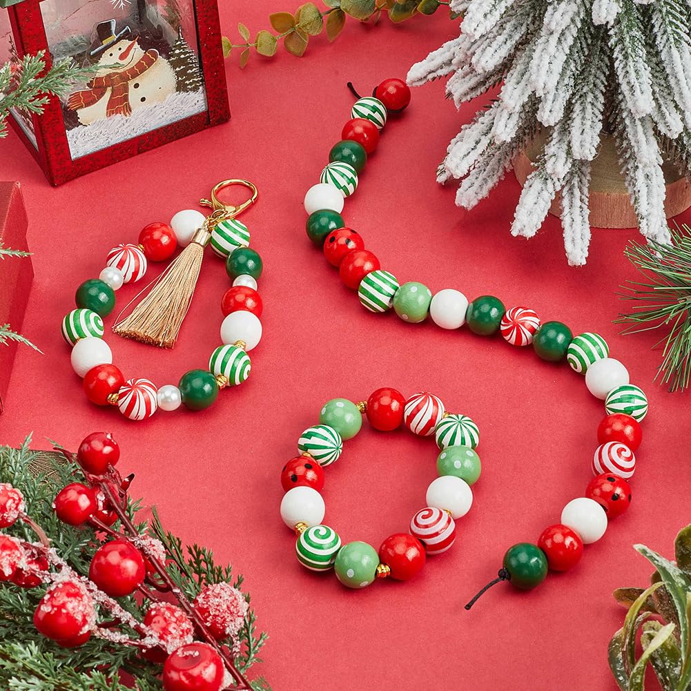 240 pz 9 stili Perline di Legno di Natale Rosso Verde Perline di Legno Assortite Verniciate Bianco Naturale Vacanze Invernali Rotonde Distanziatori Sfusi Caramelle per Braccialetti Gioielli F