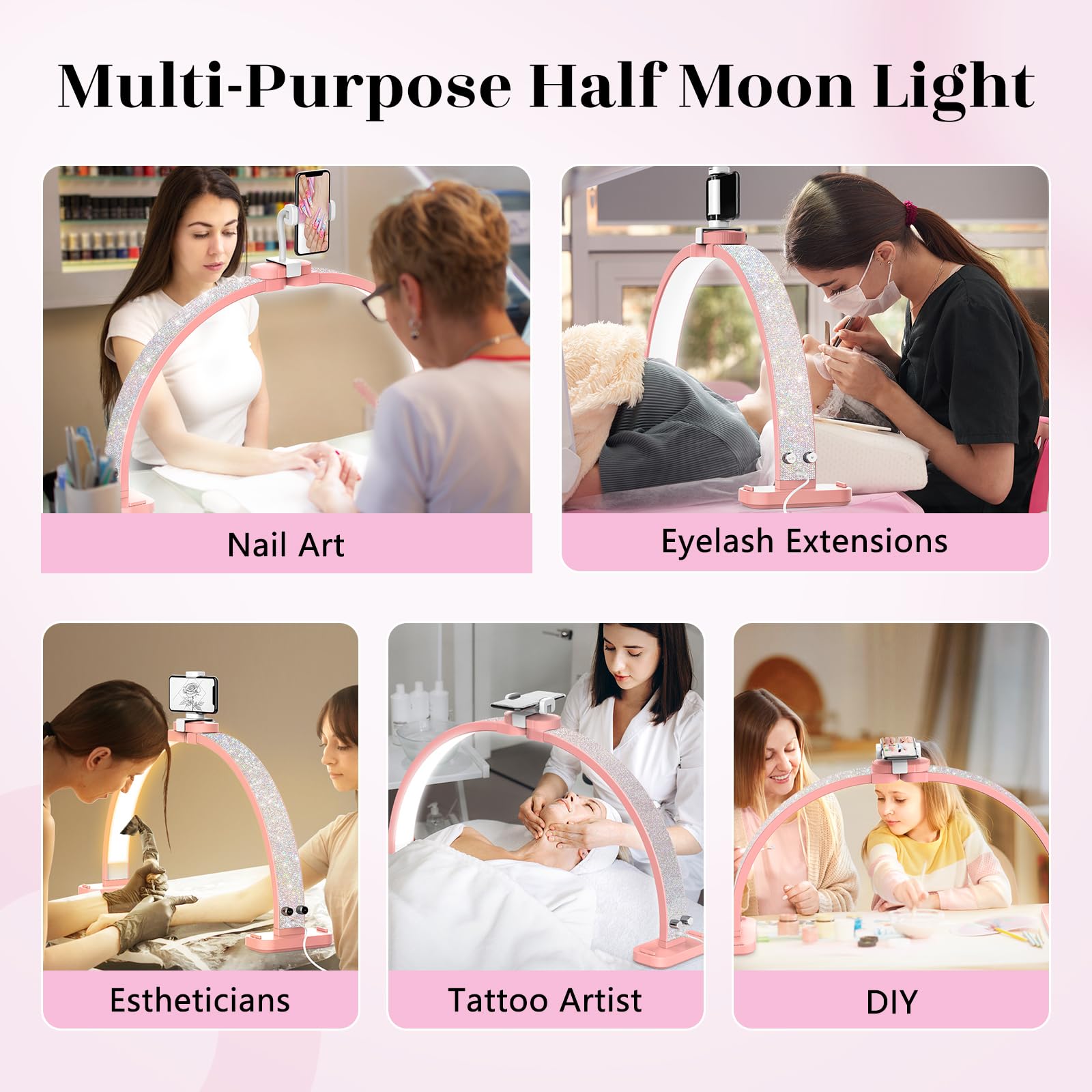 Half Moon Light for Nail Tech: 31 inch Lash LED Lamp with Phone Holder - 48W Foldable Arch Lights for Eyelash Tech - Manicure Handicraft Lighting for Spa,Salon: Pink