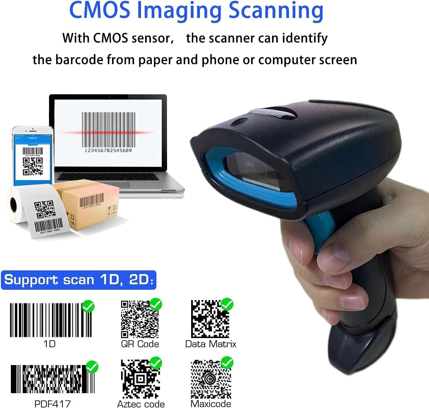 Wireless Bluetooth Barcode Scanner Automatic 2D QR Code Scanner Wireless for POS System, 1D PDF417 Screen Scanning Barcode Reader for Warehouse Inventory,Supermarket,Retail Shop