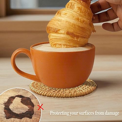 Miniatura 5 de Juego de 6 posavasos de ratán hechos a mano con soporte, posavasos bohemios de mimbre natural, resistentes al calor para bebidas frías y calientes