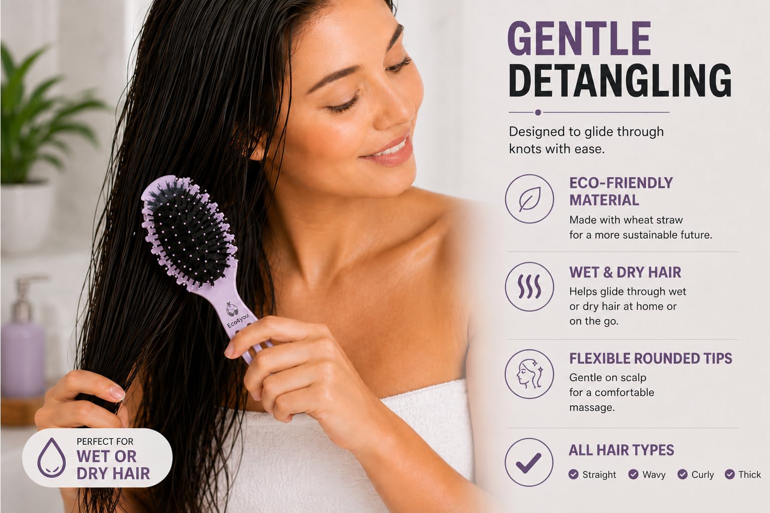 Cepillo ecológico para definir rizos, desenredante para cabello húmedo y seco, cepillo de peinado para cabello rizado, ondulado y dañado, reduce el encrespamiento, material de paja de trigo natural,