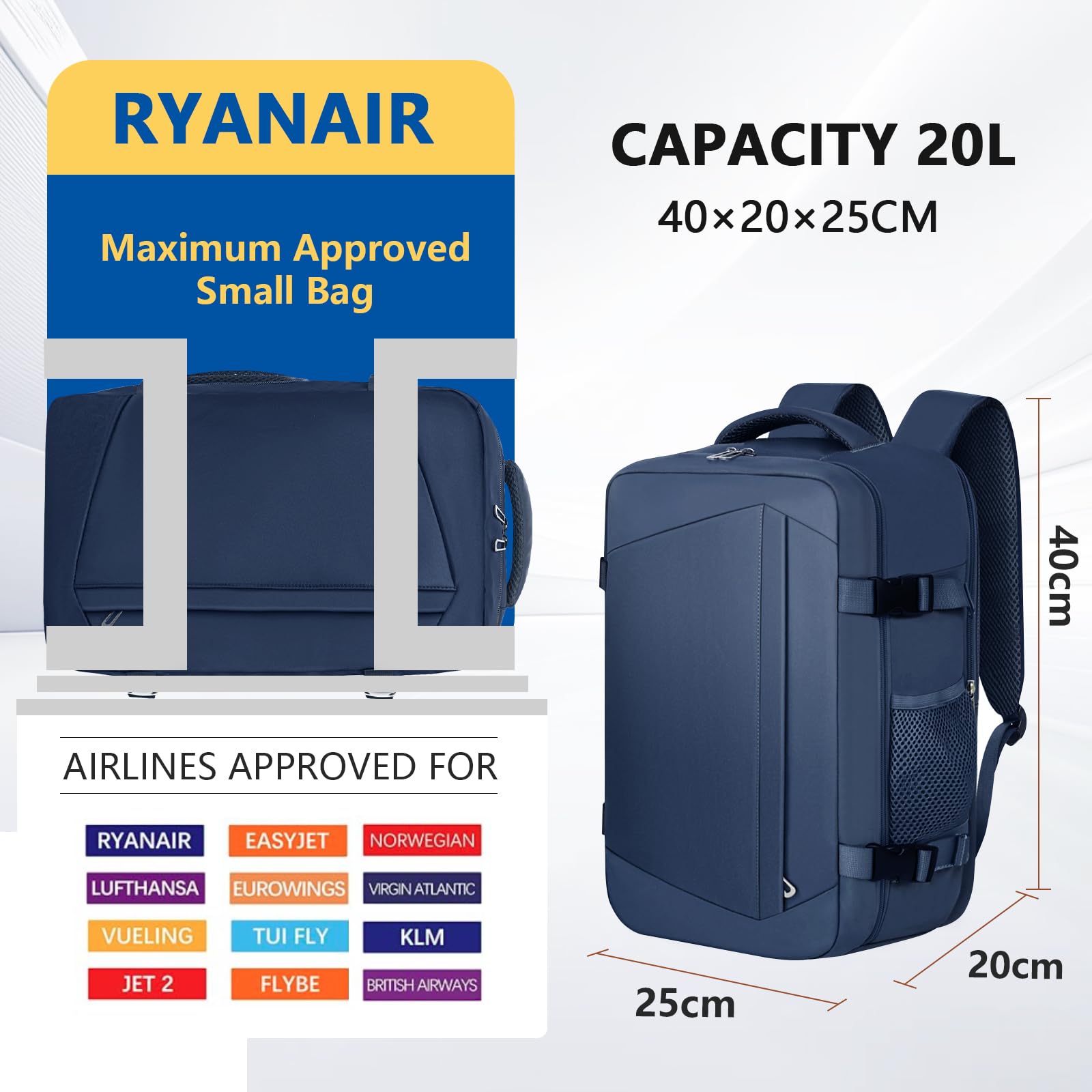 KIRFEIHT Zaino da Viaggio 40x20x25 per Ryanair Bagaglio a Mano Aereo Piccolo - Zaino da Viaggio a Cabina Piccola, Zaini Universali per Uomo e Donna per Scuola Trekking Lavoro (Azul)