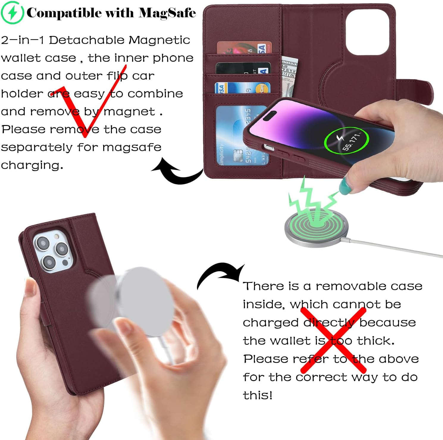 Ｈａｖａｙａ for iPhone 14 Pro Max Case Wallet Magsafe Compatible 2 in 1 Detachable with Card Holder Pu Leather Flip Folio Credit Card Slots Stand Magnetic Shockproof Phone Cover (6.7")-Wine Red