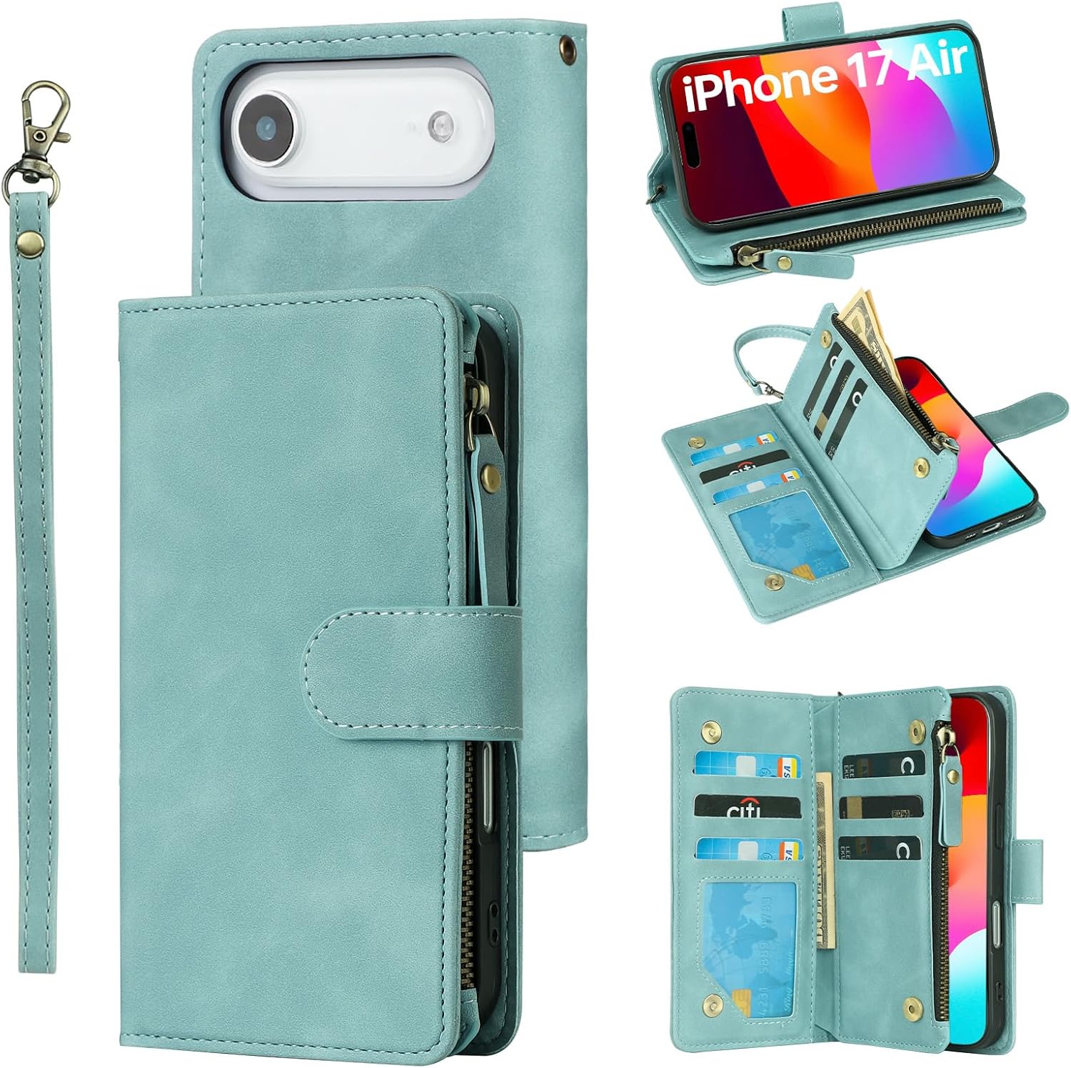 RANYOK Wallet Case Compatible with iPhone 17 Air Case, with 6 Card Holder RFID Blocking, PU Leather Zipper Flip Wallet Pocket, Kickstand, Wrist Strap | Protective Phone Cover for 17 Air, Light Blue