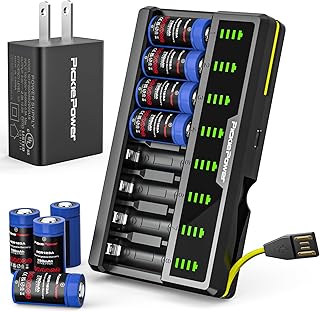 Pickle Power 8 Pack 123A Lithium Batteries, 3.7V 123A Rechargeable Batteries with 8-Slots Charger for Arlo Camera VMC3030 VMK3200 VMS3330 3430 3530 and Flashlights