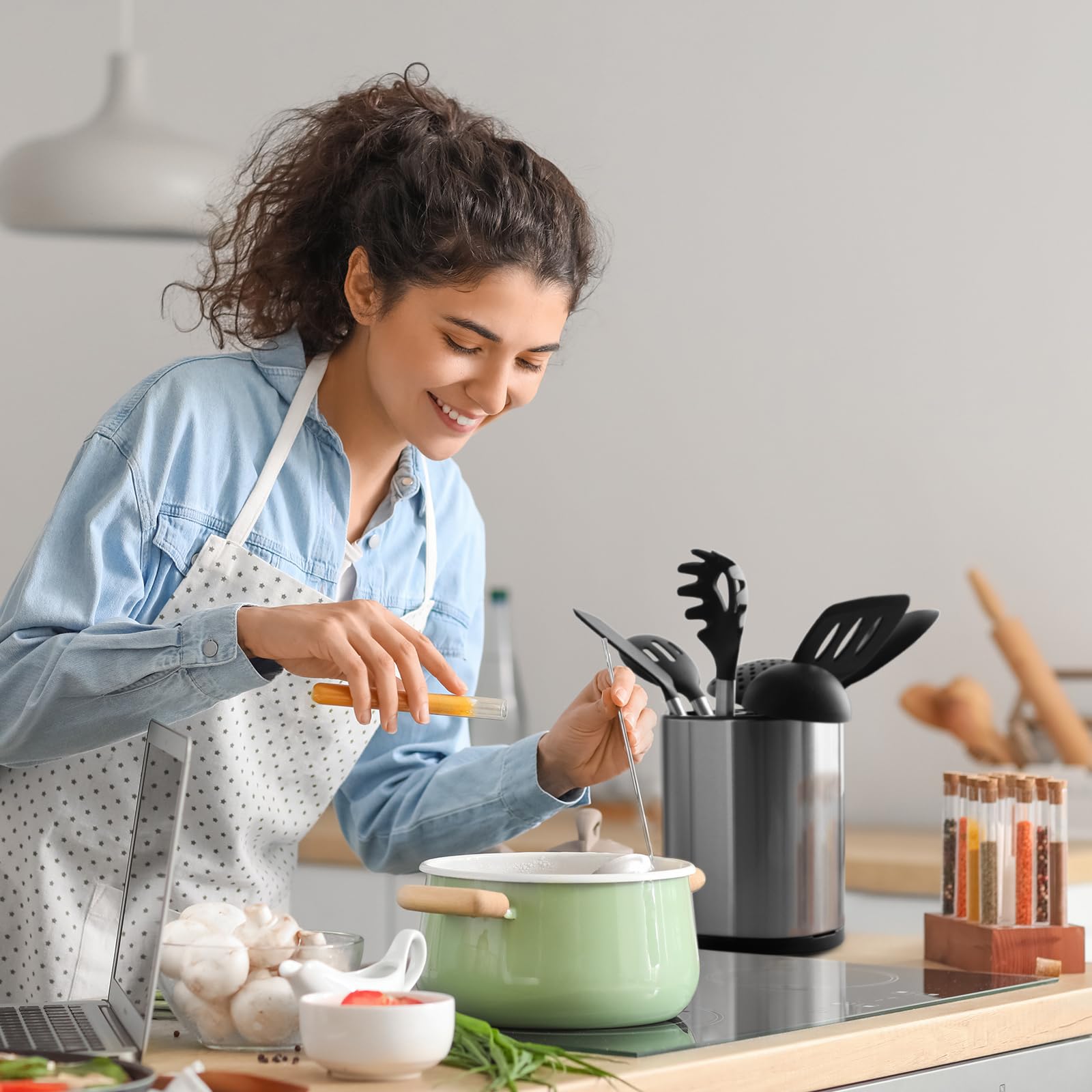 360° drehbar Küchenutensilienhalter für Arbeitsplatte groß Utensilienhalter Küche für Küchentheke Edelstahl Utensil Organizer für die Arbeitsfläche Utensilientöpfe 3 Fächer