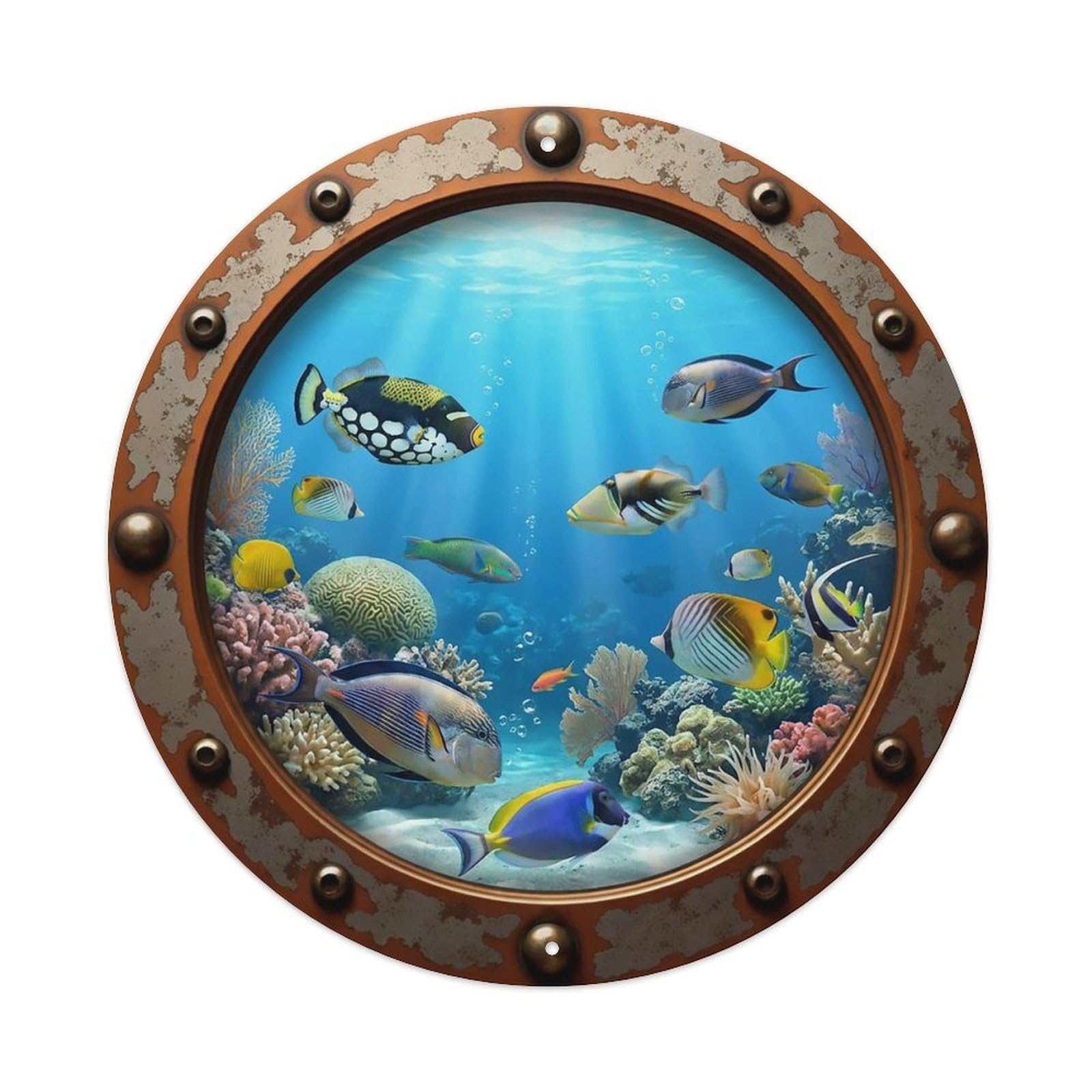Odgynaw 8X8inch(20X20cm) Vintage Porthole Triggerfish Nautical Window View Metal Tin Sign