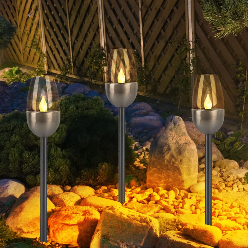 Solarleuchte Wegelampe Außenleuchte, Gartenfackel mit Feuereffekt, Terrassenlampe, integrierter Akku, Metall, schwarz, LED, DxH 6x38cm, 5er Set
