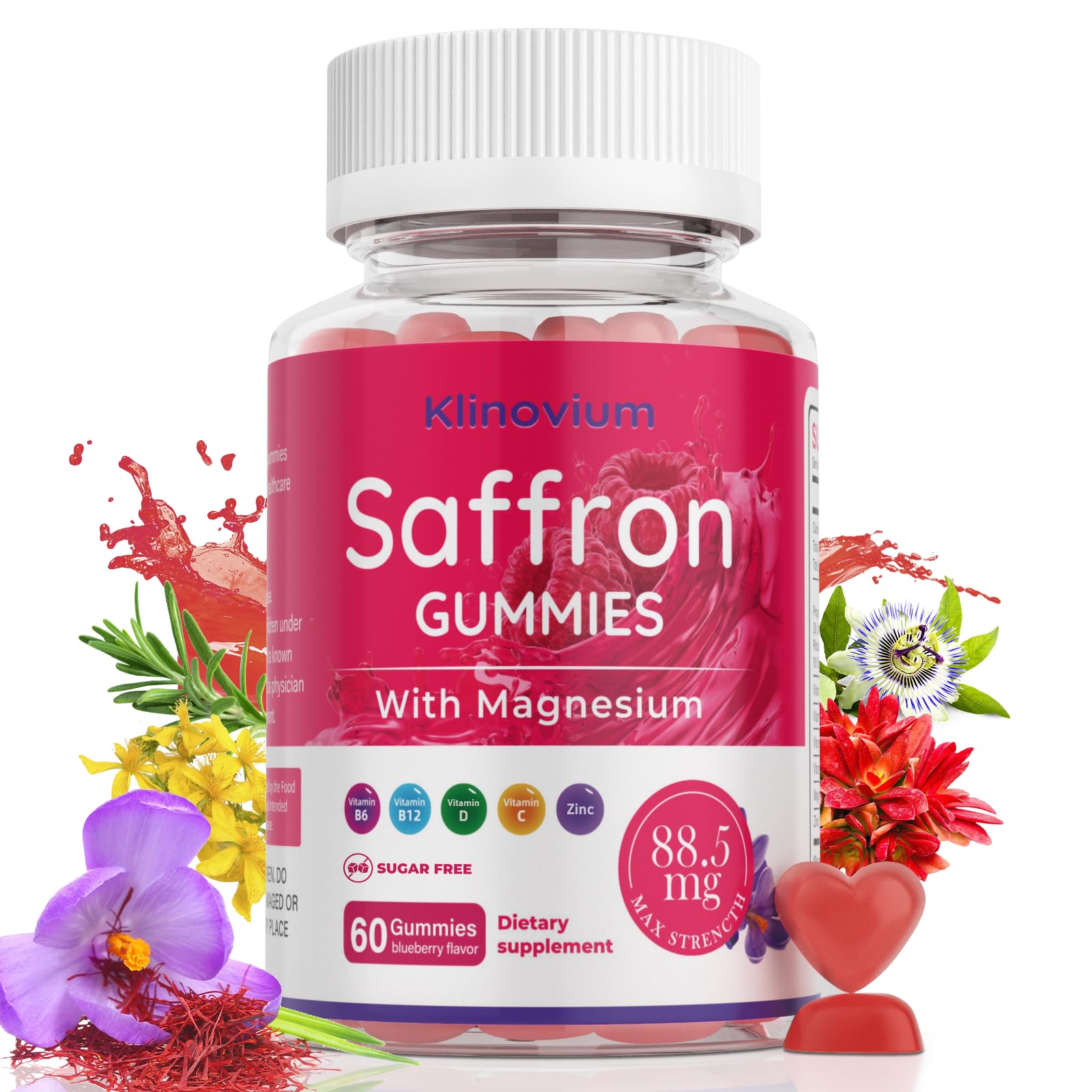 Saffron Gummies with Saffron 88.5mg + Magnesium Glycinate 300mg | Max Strength Saffron Supplements with St. John's Wort, L-Theanine, Rhodiola, Rosemary - Supports Mood & Focus 60 Gummies (Pack of 1)