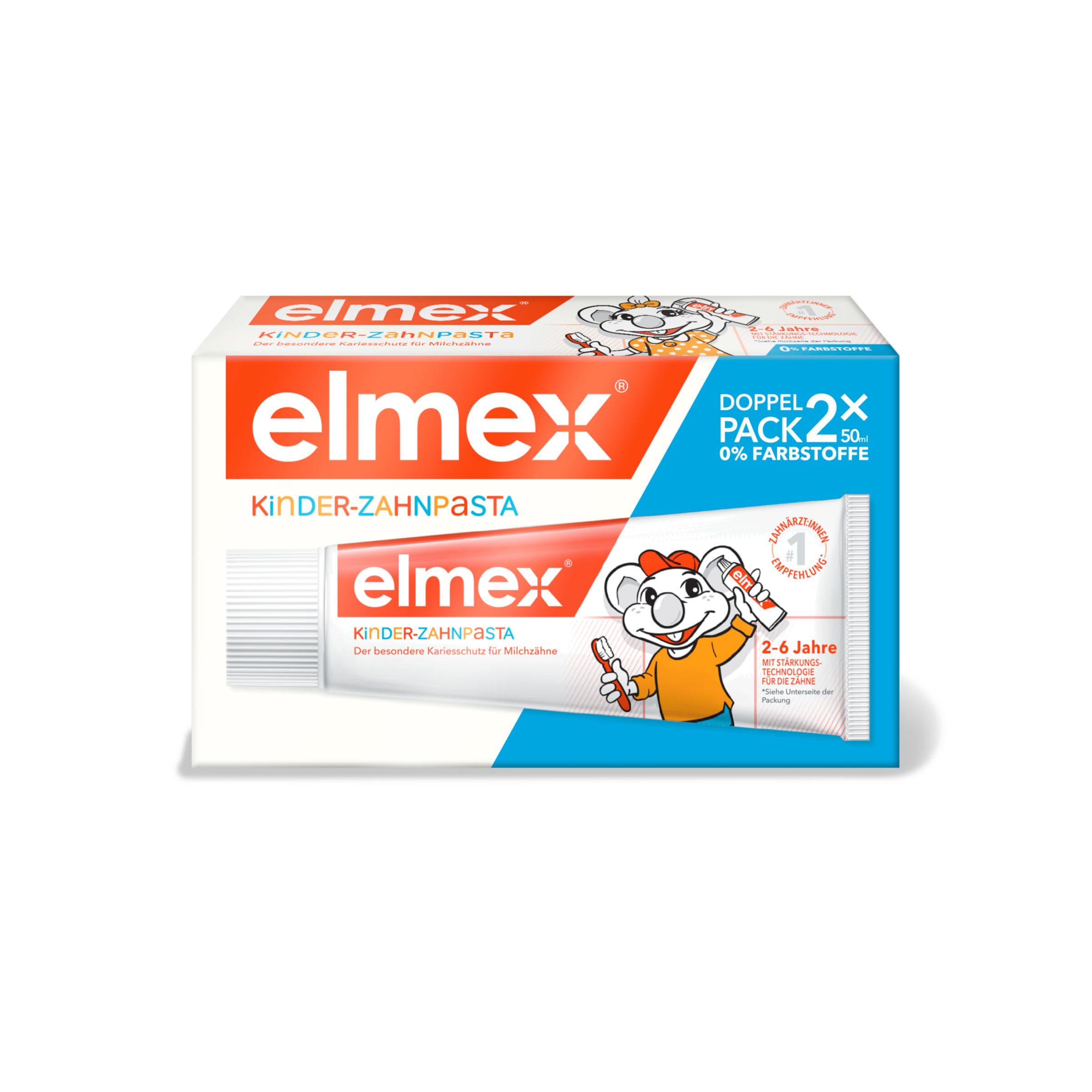 elmex Kinderzahnpasta 2-6 Jahre 2x50ml – kindgerechte Zahnreinigung für hochwirksamen Kariesschutz – mit Aminfluorid für einen Dreifach-Schutzmechanismus