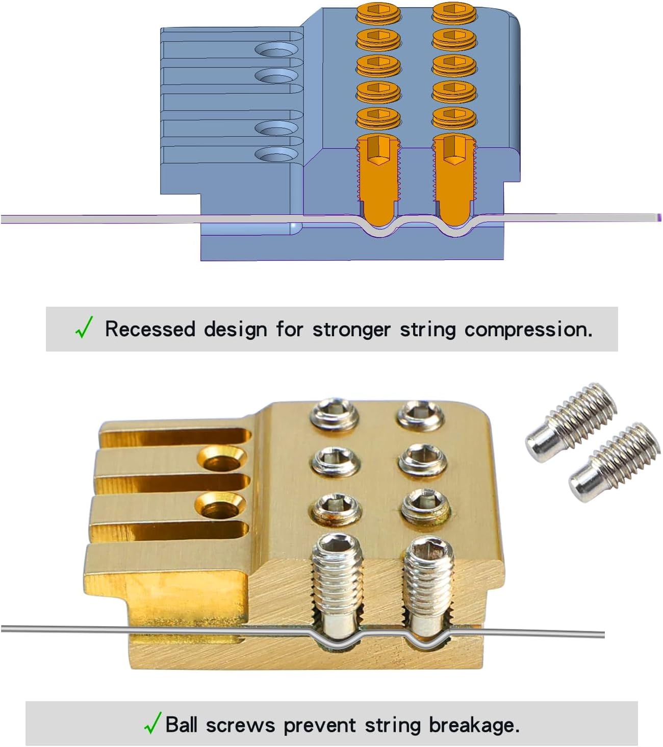 Brass 6 String Locking Nut Guitar Bridge String Locks for Headless Electric Guitar Replacement Parts （Natural Color of Brass)