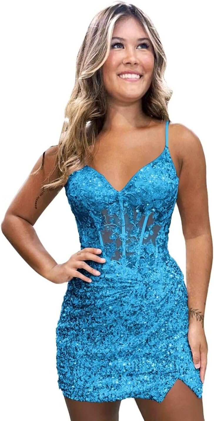 Sparkly Homecoming Dresses for Teens Short Spaghetti Straps Tight Cocktail Gowns with Slit BOF18