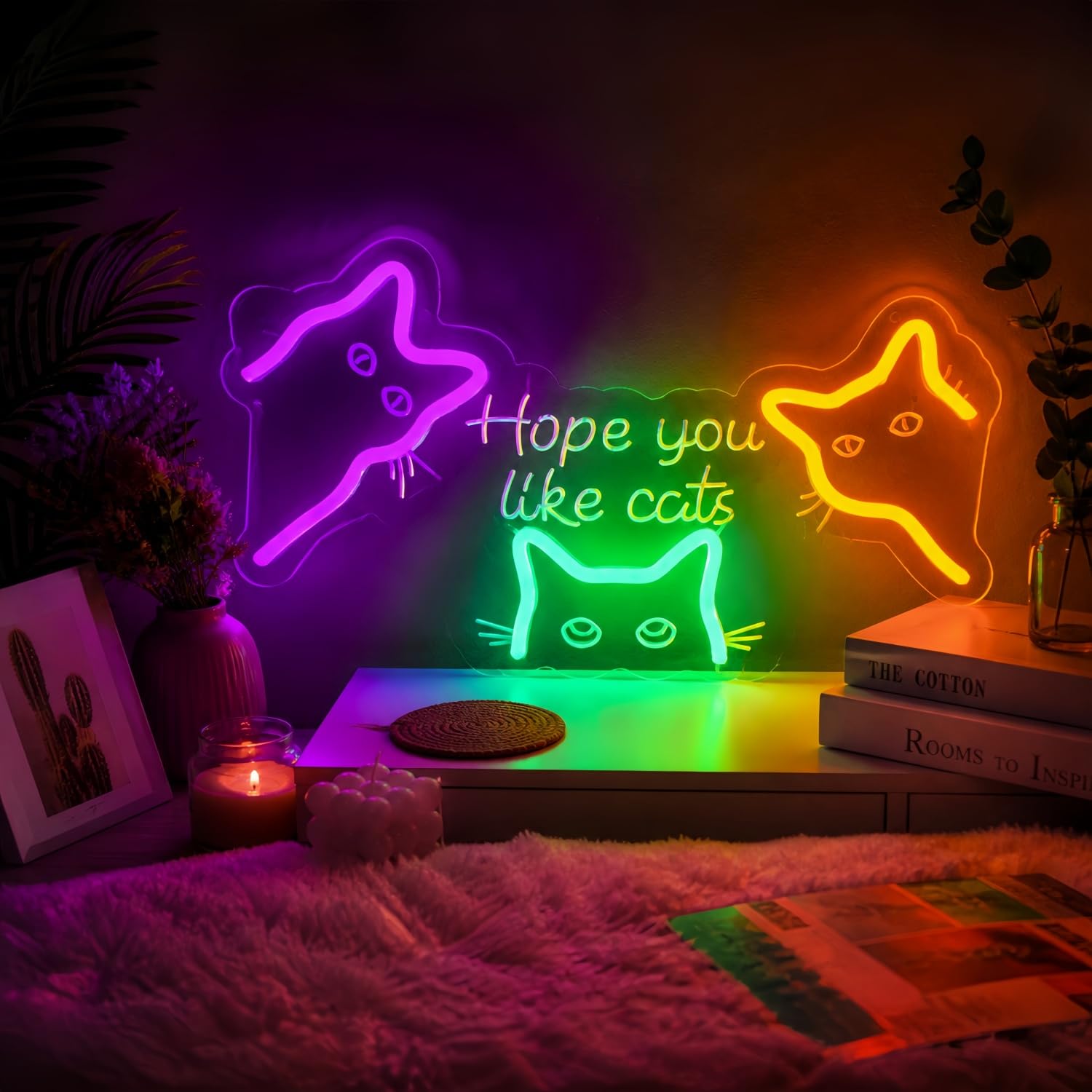 Hope You Like Cats Neon Sign, USB Powered Cat LED Light Decor | Cute Cat Wall Decor for Bedroom, Kids Room, Game Room, Halloween Party and Cat Lovers Gift