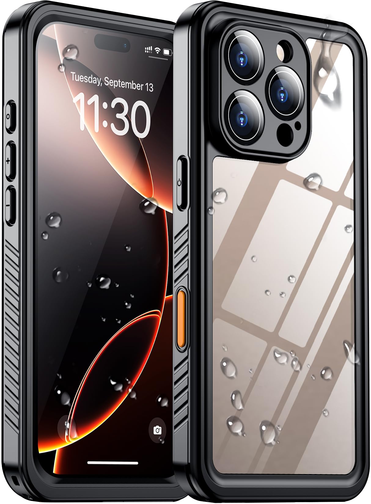 Kompatibel mit iPhone 16 Pro Max, wasserdicht, eingebauter Bildschirm- und Kameraschutz, IP68, Unterwasser-Ganzkörperhülle, 4,8 m, sturzsicher, stoßfest, 17,5 cm, Schwarz/Transparent