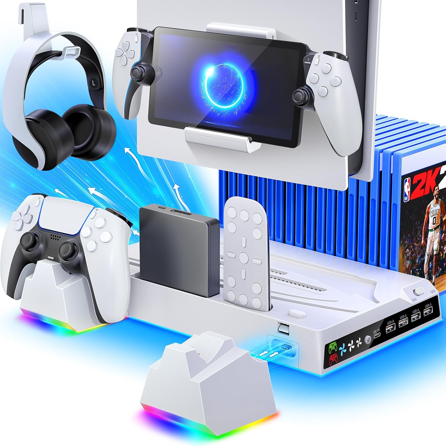 Fenolical PS5/PS5 Slim Stand and Cooling Station Compatible with PS5 Console, PS5 Replacement Parts with Detachable and Controller Charging Station and 3 Levels Cooling Fan for PSP Gaming Console