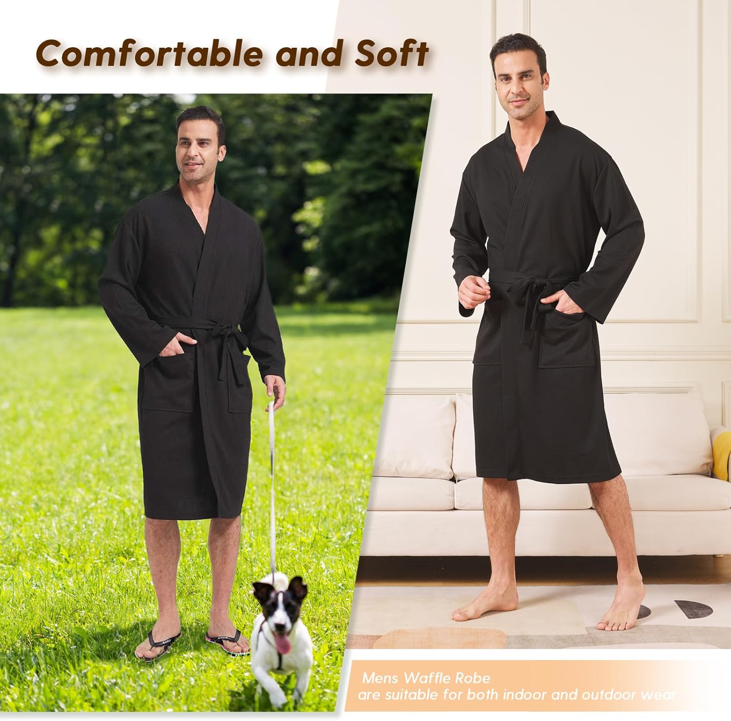 FashGudim Mens Lightweight Waffle Knit Robe Soft Kimono Spa Bathrobes Knee Length Summer Robes - Image 2