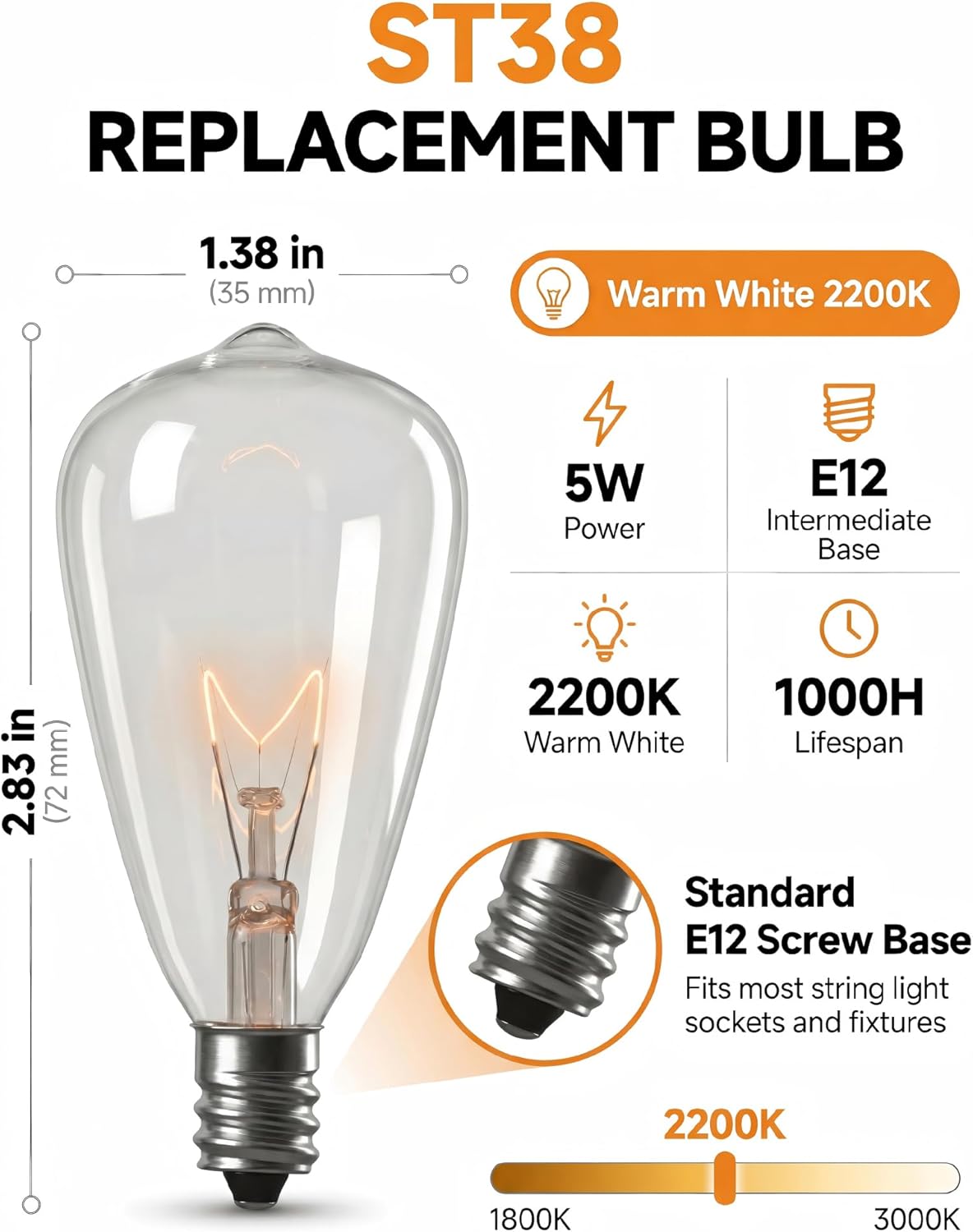 ST38 Edison Replacement Light Bulbs, 7W Clear Glass String Lights for Outdoor Patio Garden Wedding Decor, C7/E12 Screw Base, 10 Pack