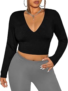 Women's Cotton Stylish Basic Solid V Neck Full Sleeve Black Crop Top T-Shirt for Women L396 Price In India