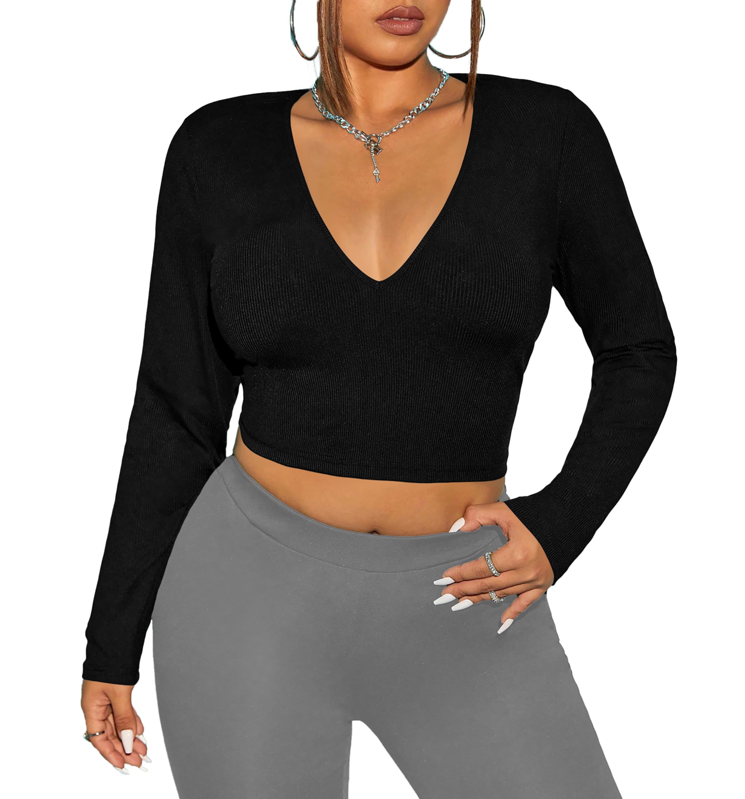 Women's Cotton Stylish Basic Solid V Neck Full Sleeve Black Crop Top T-Shirt for Women L396