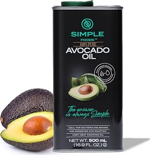 Simple Foods 100% Pure Avocado Oil - Non-GMO, 520°F High Smoke Point, Mild Neutral Flavor for Grilling & Frying