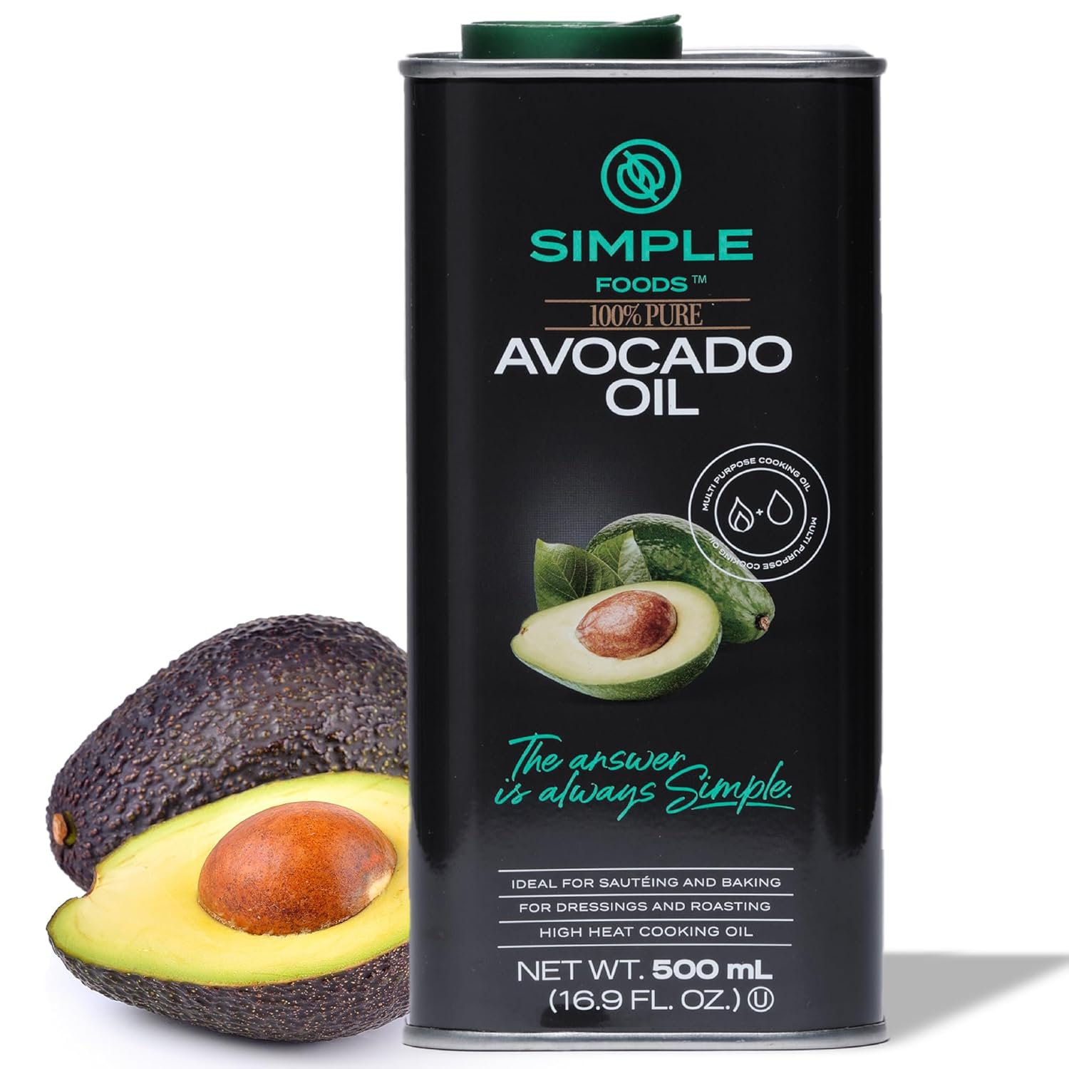Simple Foods 100% Pure Avocado Oil - Non-GMO, 520°F High Smoke Point, Mild Neutral Flavor for Grilling & Frying