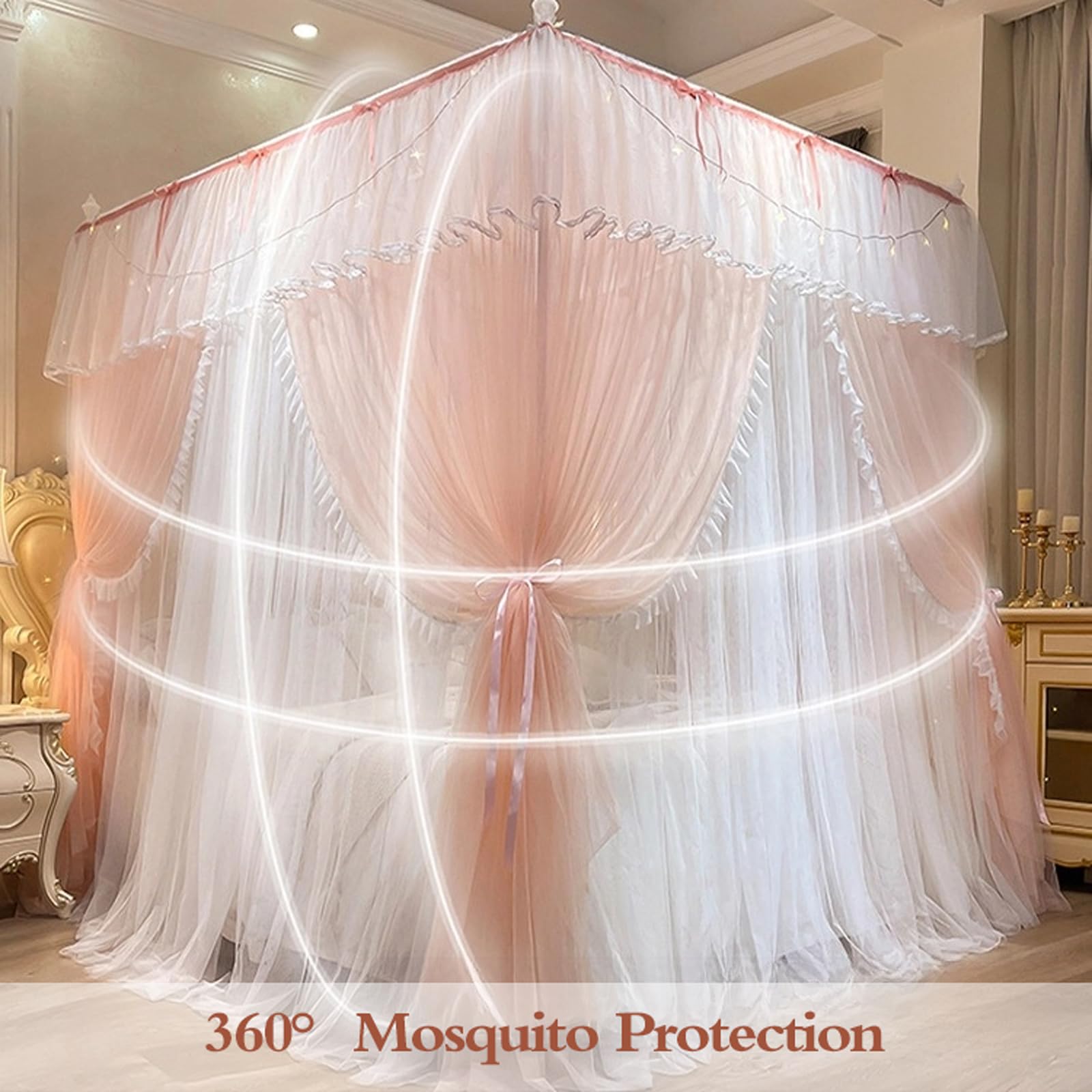 Doppelbetthimmel Moskitonetz, bestickte Spitzen-Bettvorhänge für Schlafzimmer, Dekoration, passend für Full/Queen/Extra Large, Viereck-Design