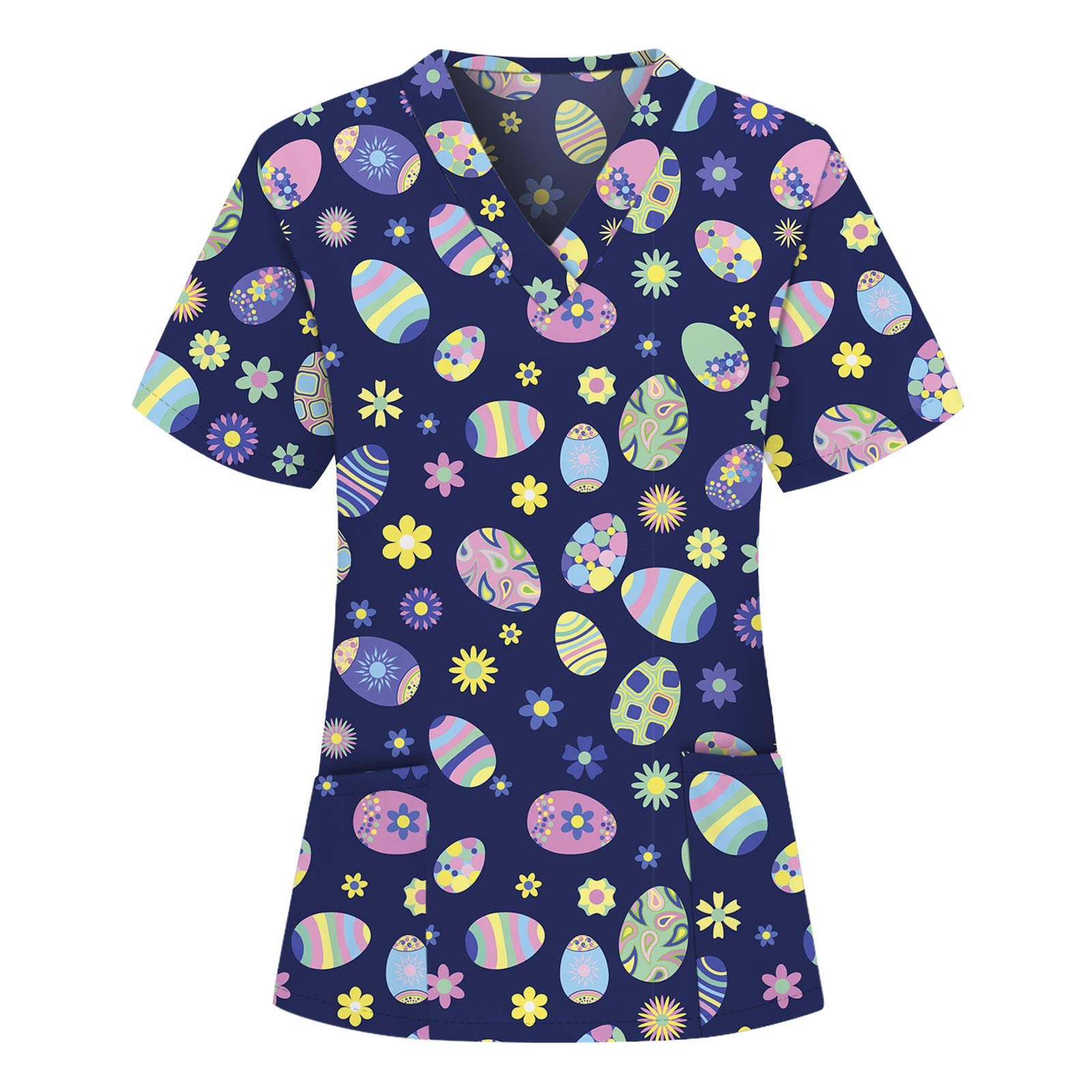 Easter Working Uniform for Women Cute Rabbit Egg Printed Shirts Short Sleeve V Neck Tee Holiday Carer Tops Blosue with Pocket