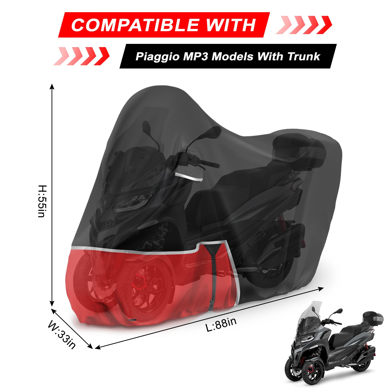 Telo Copri da Esterno per Piaggio mp3 400/500 (con bagagliaio), Telo Copertura Coprimoto Copri Moto mp3 400 500 420D Tessuto Oxford Impermeabile Resistente All'inverno, Nero e rosso