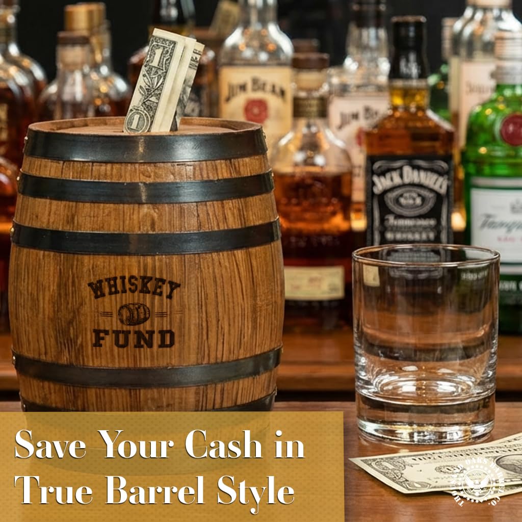 Handmade Wooden Oak Barrel Adult Piggy Bank - Money Saver for Real Cash, Bills & Coins - 6.5 x 4.5 x 4.5 in. with Whiskey Fund Laser Engraving - Piggy Banks for Adults
