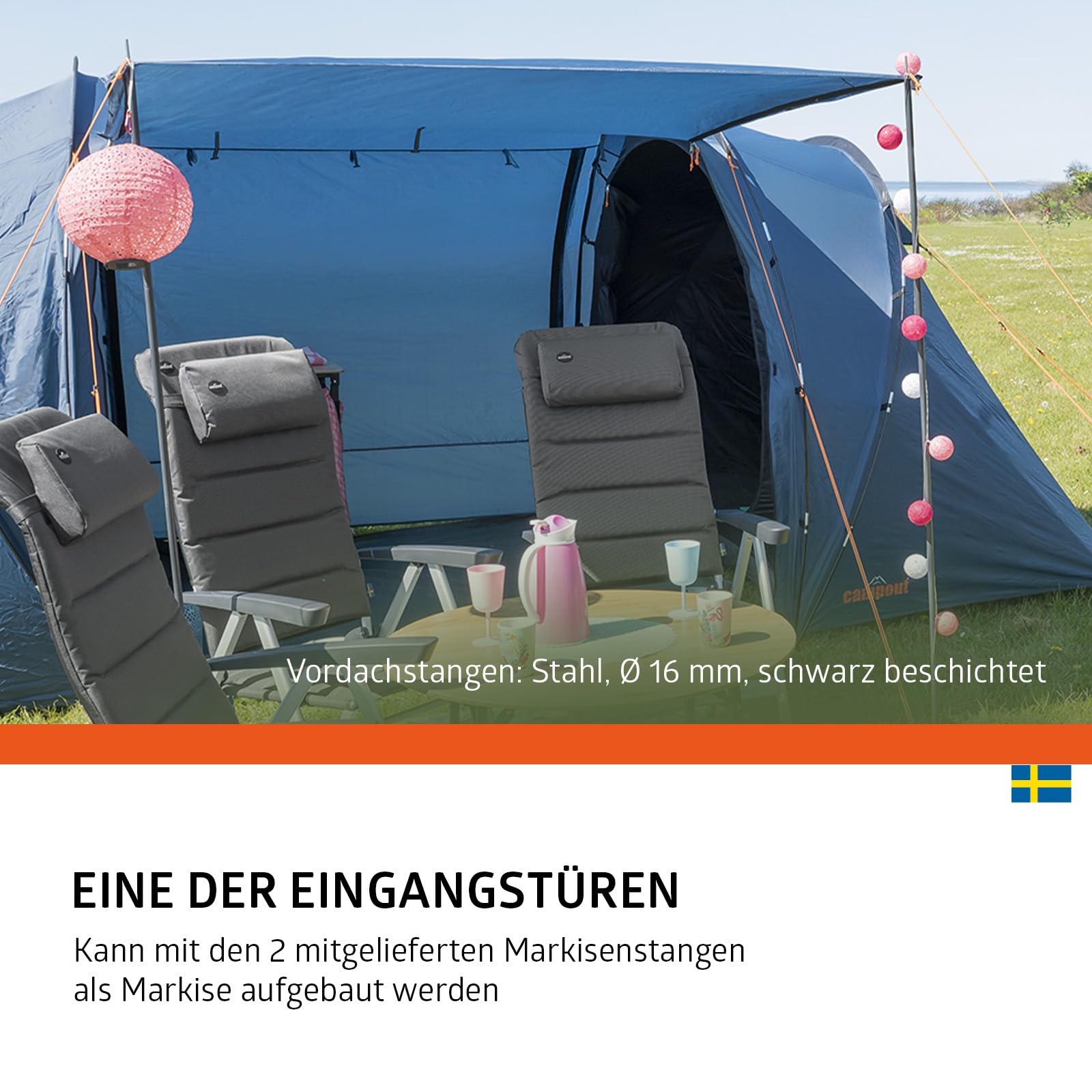 Campout 4-Personen Vis-à-Vis Kuppelzelt – 2 Schlafkabinen – 5000 mm Wassersäule – Wohnbereich – Aufbauzeit 15 Min – inkl. Vordachstangen, Heringen & Tragetasche