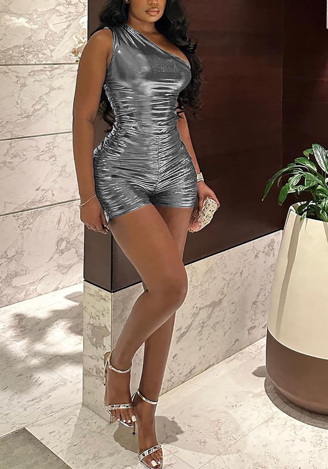 Lucuna Women's Sexy Metallic Shiny One Shoulder Sleeveless Ruched Bodycon Shorts One Piece Jumpsuit Rompers - Image 4