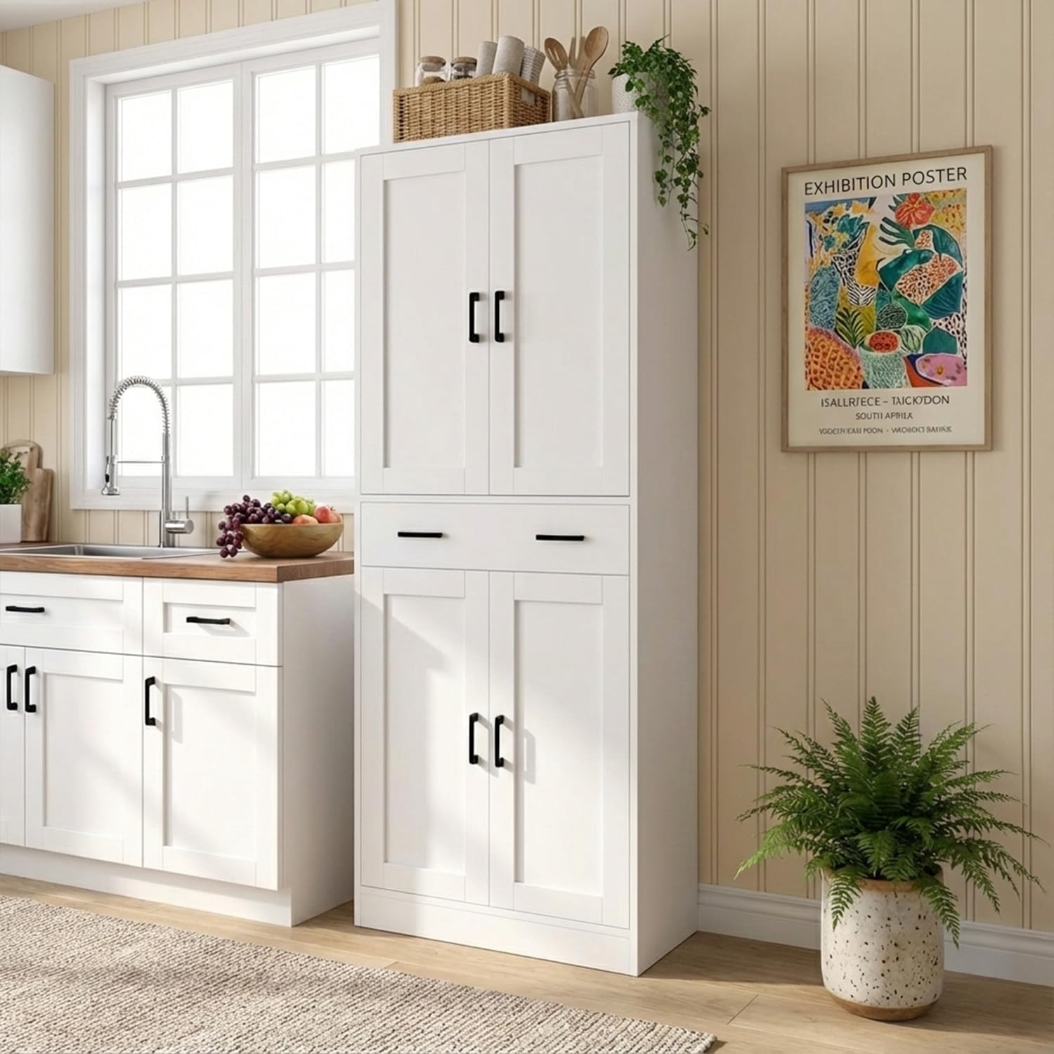 71" Tall Kitchen Pantry Cabinet, Freestanding Food Storage Cupboard with Drawer and 4 Doors, Large White Utility Floor Cabinet with Adjustable Shelves for Dining Room, Home Office