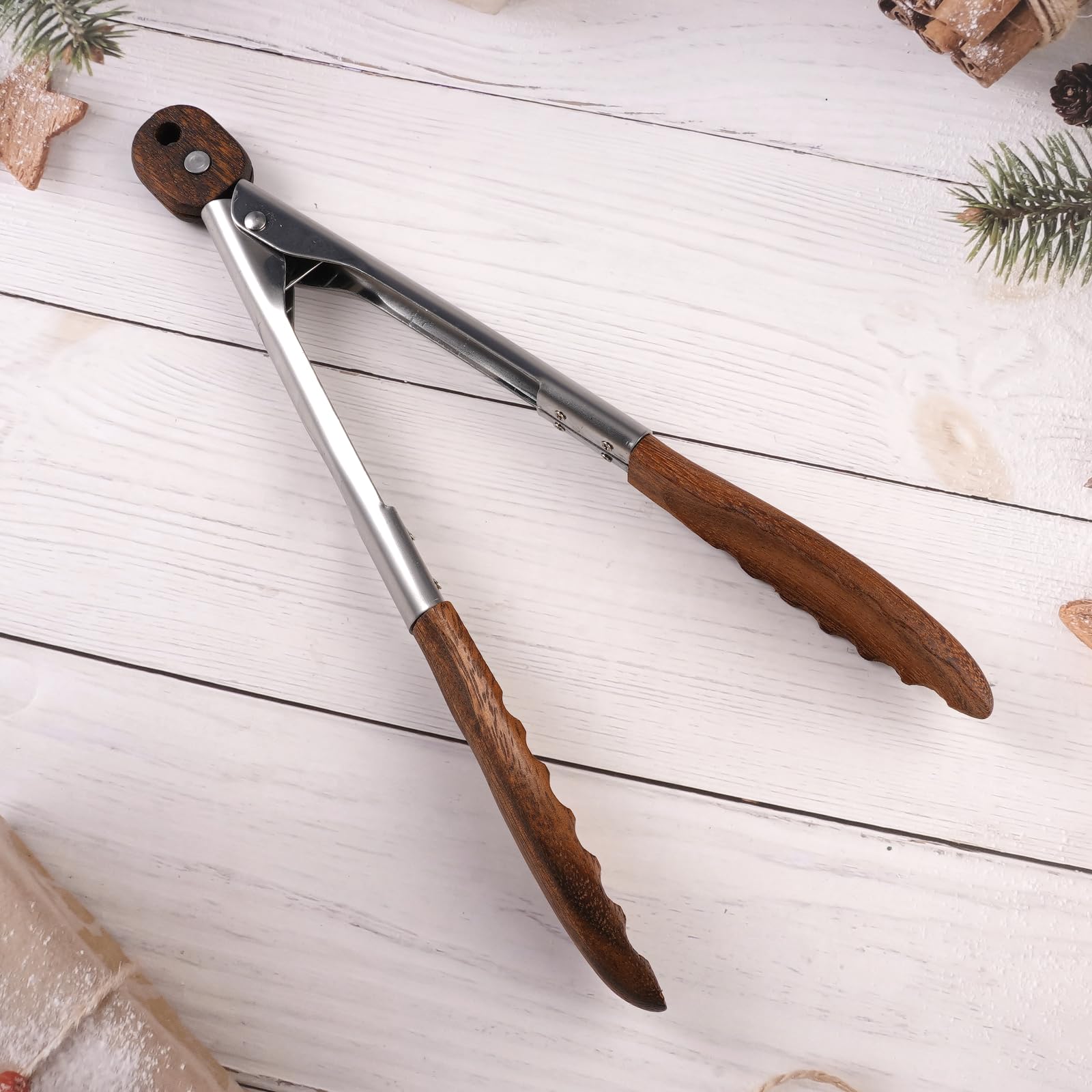 Szczypce do gotowania z drewna orzechowego i stali nierdzewnej, 29 cm | drewniane szczypce do grilla, szczypce kuchenne, szczypce do serwowania, odporne na wysokie temperatury i łatwe w pielęgnacji